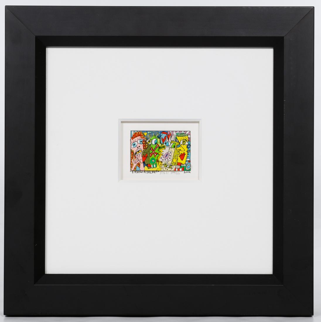 James Rizzi (American, 1950-2011) 'I Know a Secret': James Rizzi (American, 1950-2011) 'I Know a Secret' Constructed Serigraph 2002, pencil signed bottom center, pencil numbered 189/350, depicting a group of people interacting with each other Condition: