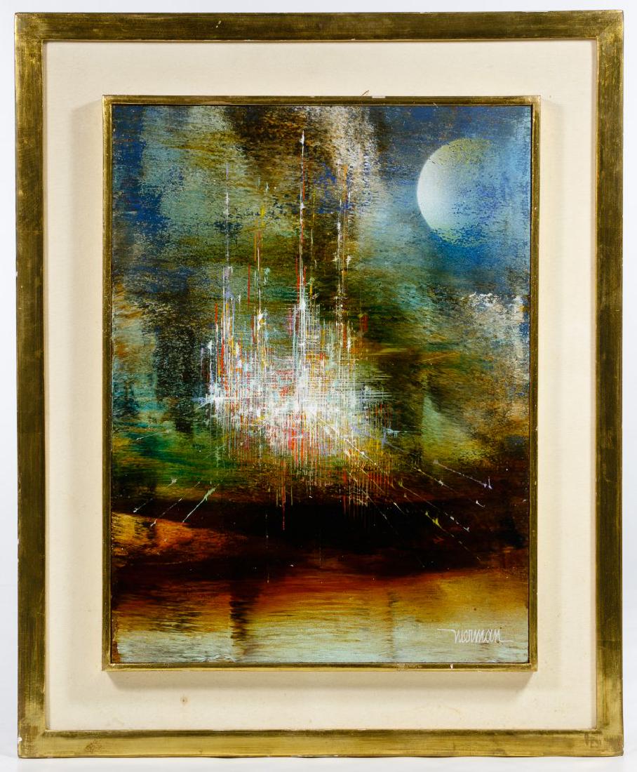 Leonardo Nierman (Mexican, b.1932) 'Metropoli' Oil on: Leonardo Nierman (Mexican, b.1932) 'Metropoli' Oil on Masonite Undated, signed lower right, depicting an abstract image with a moon in the upper right corner Condition: Very Good, minor paint loss alo