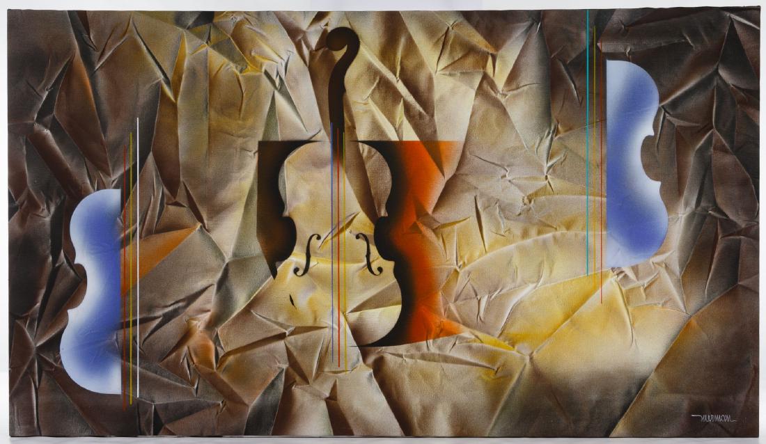 Leonardo Nierman (Mexican, b.1932) 'Sonata' Oil on: Leonardo Nierman (Mexican, b.1932) 'Sonata' Oil on Canvas 2014, signed lower right and en verso, depicting textured paper and outlines of violins Condition: Very Good, light wear on edges and corners 