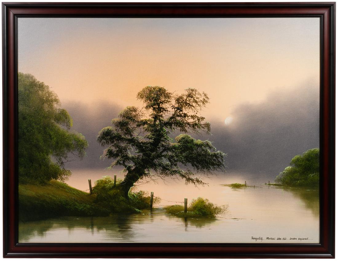 Michael John Hill (British, b.1956) Acrylic on Canvas: Michael John Hill (British, b.1956) 'Tranquillity' Acrylic on Canvas Undated, signed lower right, atmospheric image of a tree along a shoreline, in a mahogany color frame Condition: Very Good, surface