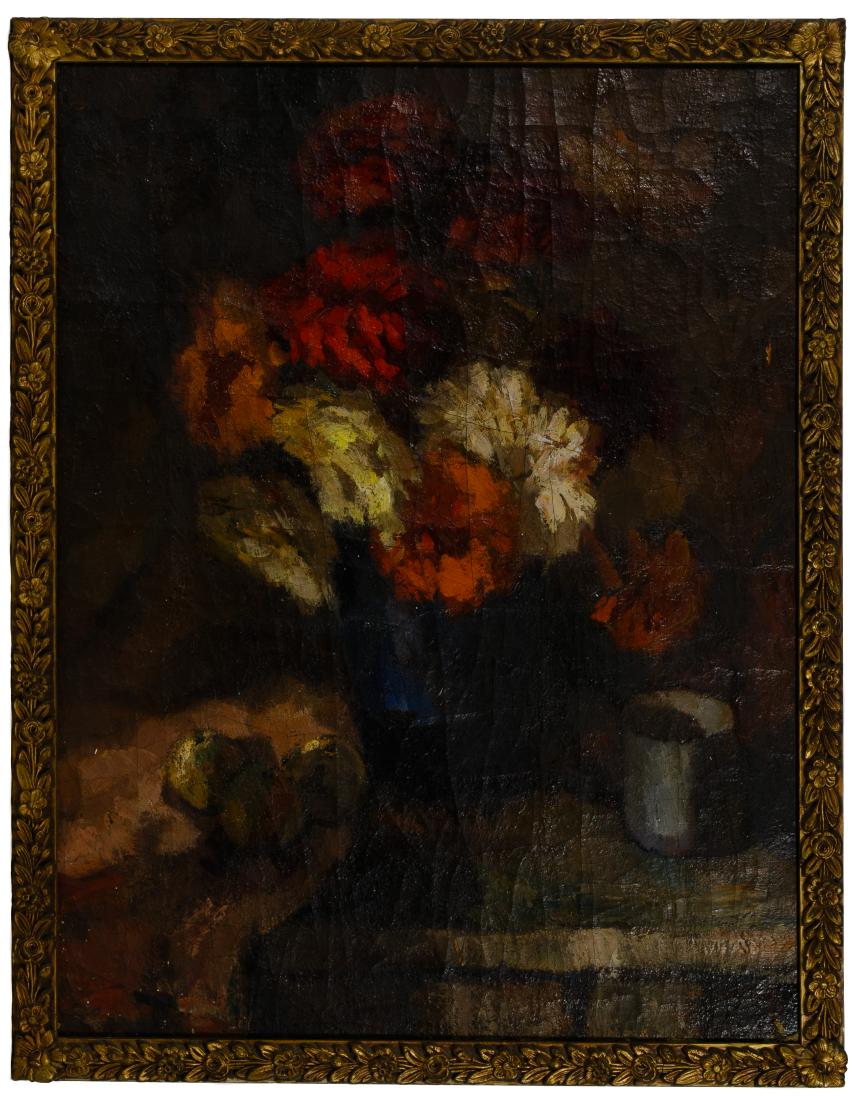 Unknown Artist (European, 19th Century) Oil on Canvas: Unknown Artist (European, 19th Century) Oil on Canvas Undated, unsigned, floral still life, painted on a burlap canvas grain sack, in gold gilt floral frame Condition: Good, small paint chips througho