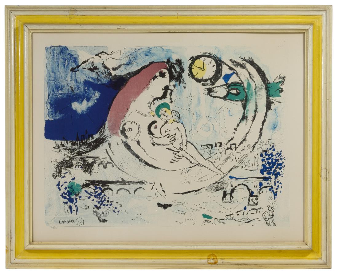 Marc Chagall (Russian / French, 1887-1985) 'Paysage: Marc Chagall (Russian / French, 1887-1985) 'Paysage Bleu' Lithograph Undated, plate signed lower left, number 304/375; on paper, depicting a crescent moon holding a man over Paris Condition: Good, lig