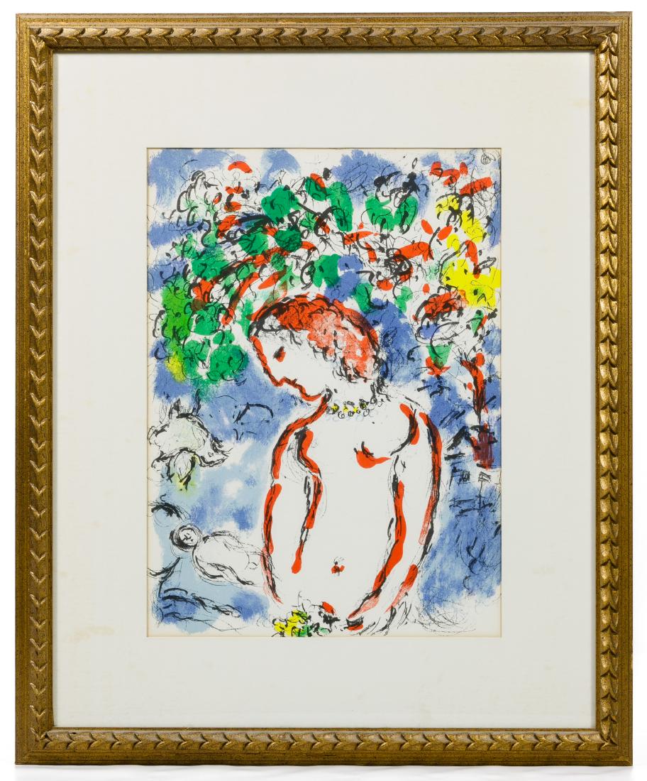 Marc Chagall (Russian / French, 1887-1985) 'Spring Day': Marc Chagall (Russian / French, 1887-1985) 'Spring Day' Lithograph Undated, unsigned, depicting a nude female Condition: Very Good, light wear on edges of lithograph; mat having stains; small chips on
