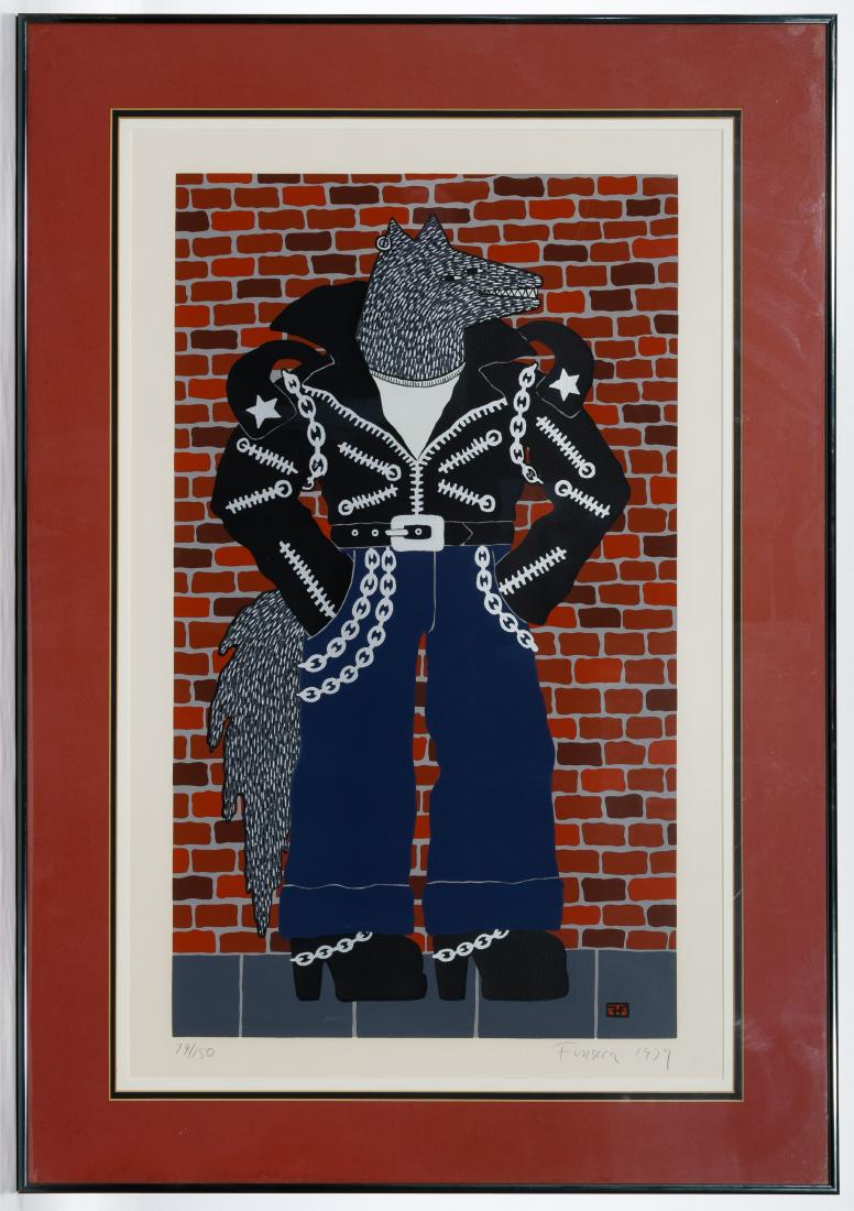 Harry Fonseca (American, 1946-2006) 'Coyote Leaving the: Harry Fonseca (American, 1946-2006) 'Coyote Leaving the Rez' Lithograph 1979, pencil signed lower right, pencil numbered 79/150 lower left, depicting a human body with coyote head and tail, dressed in
