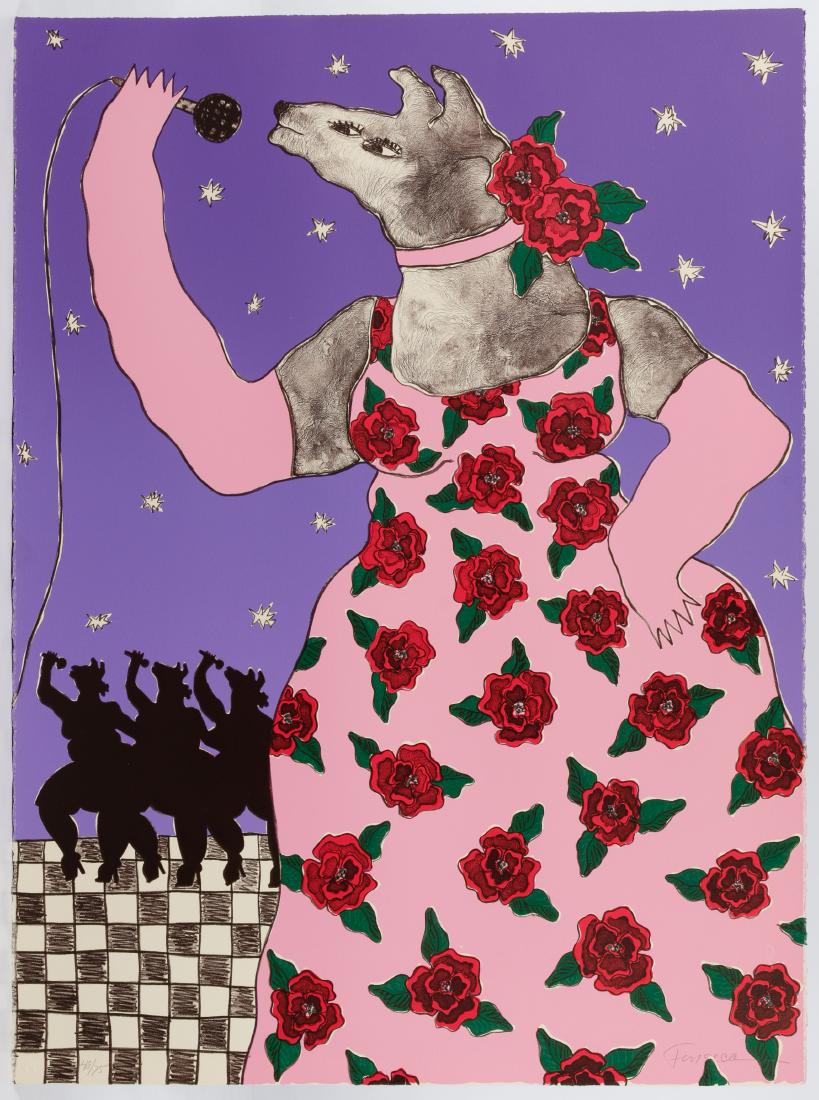 Harry Fonseca (American, 1946-2006): Harry Fonseca (American, 1946-2006) 'Rose' Lithograph Undated, pencil signed lower right, pencil number 48/75, embossed mark lower left, depicting a coyote in a pink dress with coyotes singing in the 