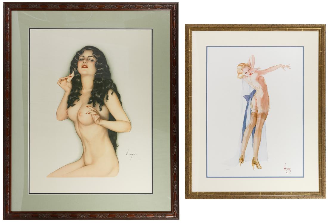 Alberto Vargas (American, 1896-1982) Lithographs: Alberto Vargas (American, 1896-1982) Lithographs Two items including 'Seams Perfect', signed 'Vargas' in plate to lower right, numbered 268/300 to lower left, blonde pin-up girl holding a sheer blue r