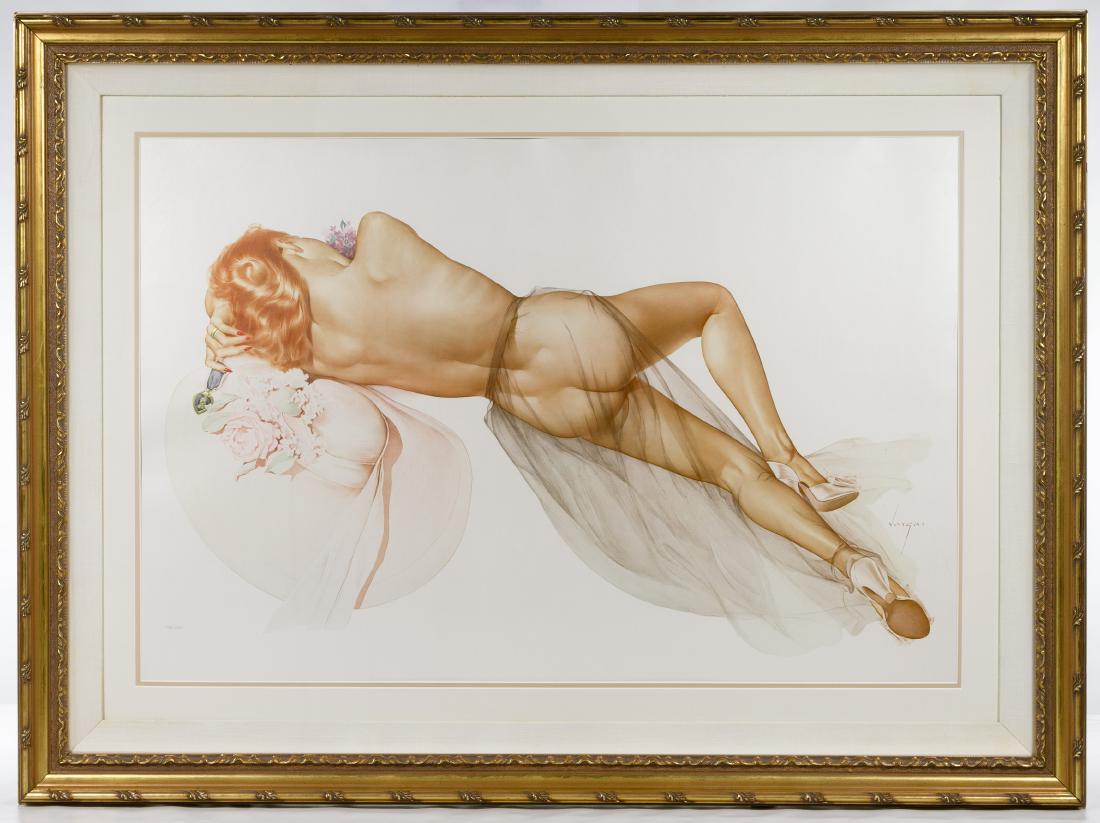 Alberto Vargas (American,1896-1982) 'World War II': Alberto Vargas (American,1896-1982) 'World War II' Lithograph Undated, plate signature lower right, #198 of 200 copies penciled at lower left; depicting image of a reclining naked woman holding a Purp