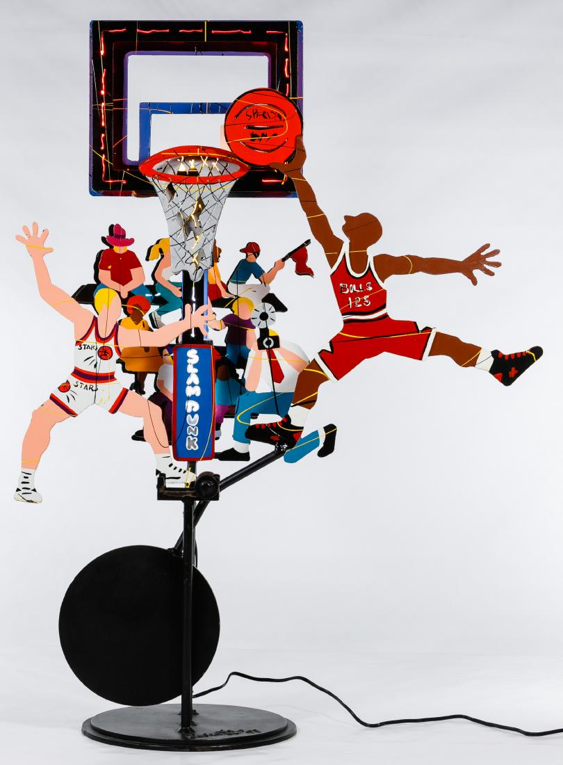 Frederick Prescott (American, b.1949) 'The Greatest: Frederick Prescott (American, b.1949) 'The Greatest Ever' Kinetic Sculpture 1993, singed 'Prescott 93' on top of metal base, numbered 30/125, a moving Michael Jordan dunking a basketball, sculpture is