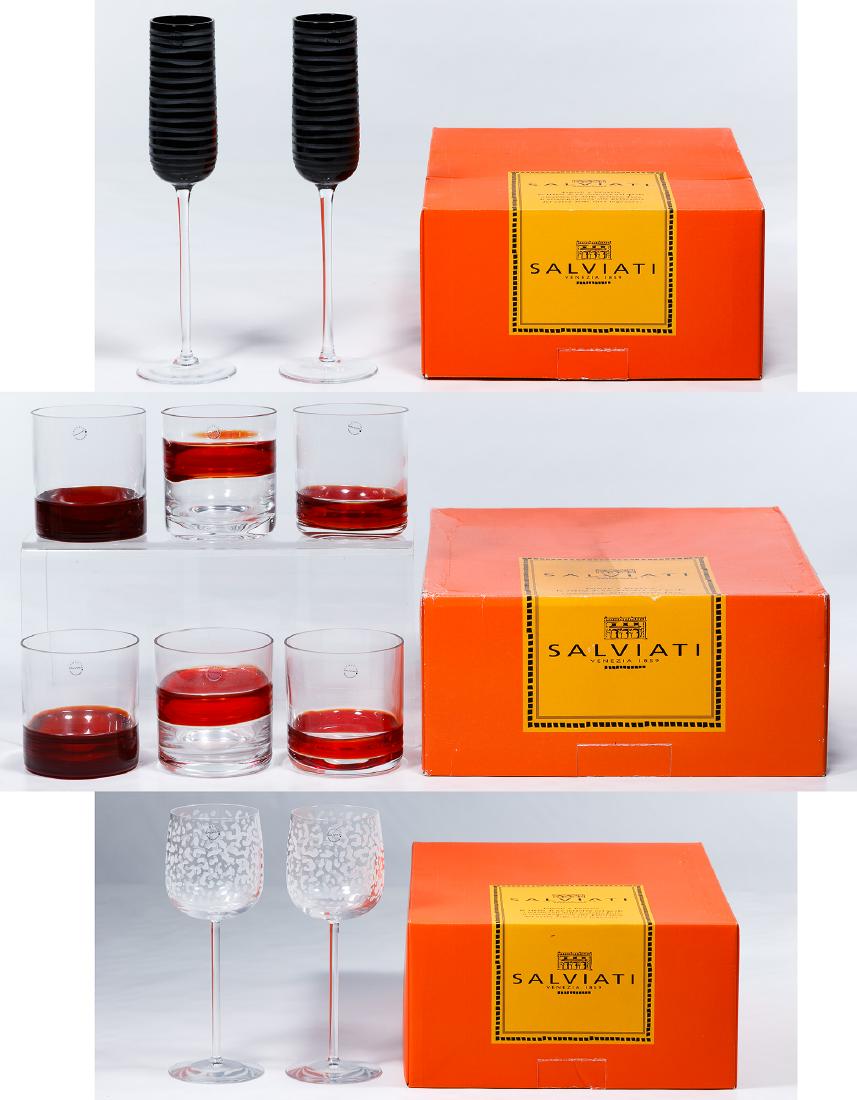 Salviati Tumblers and Stemware Assortment: Salviati Tumblers and Stemware Assortment Including six 'Ambrosia' red stripe, on the rocks, two 'Raindrops' wine glasses, two black 'Graffiti' champagne flutes, marked 'Salviati' on underside labels 