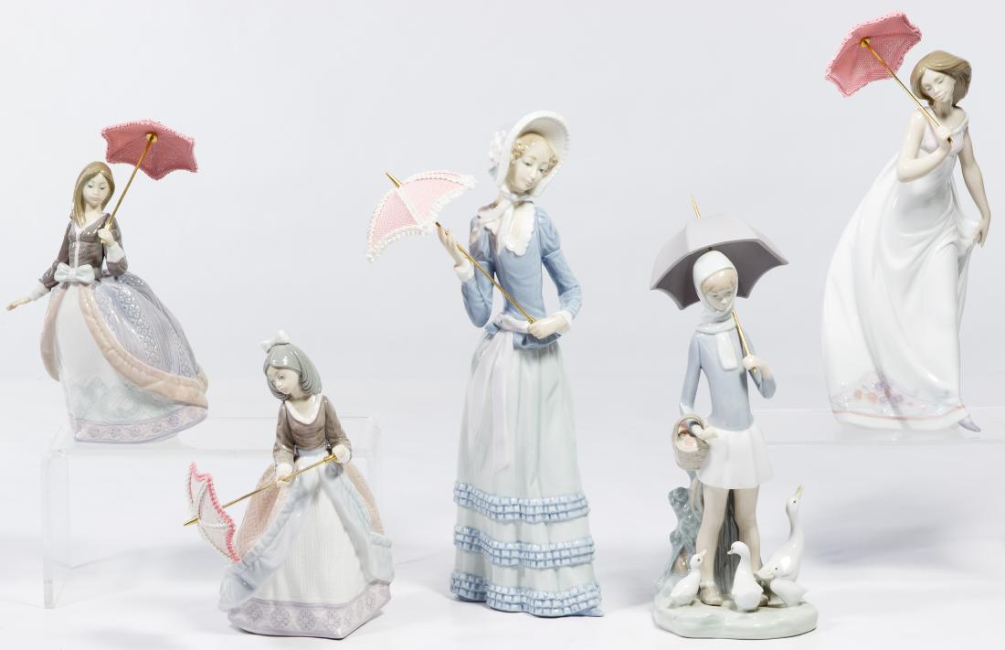 Lladro Umbrella Lady Figurine Assortment: Lladro Umbrella Lady Figurine Assortment Five items including #7636 'Afternoon Promenade', #4510 'Girl With Umbrella and Geese', #5210 'Jolie', #5211 'Angela', #4879 'Aranjuez Little Lady' Condition: