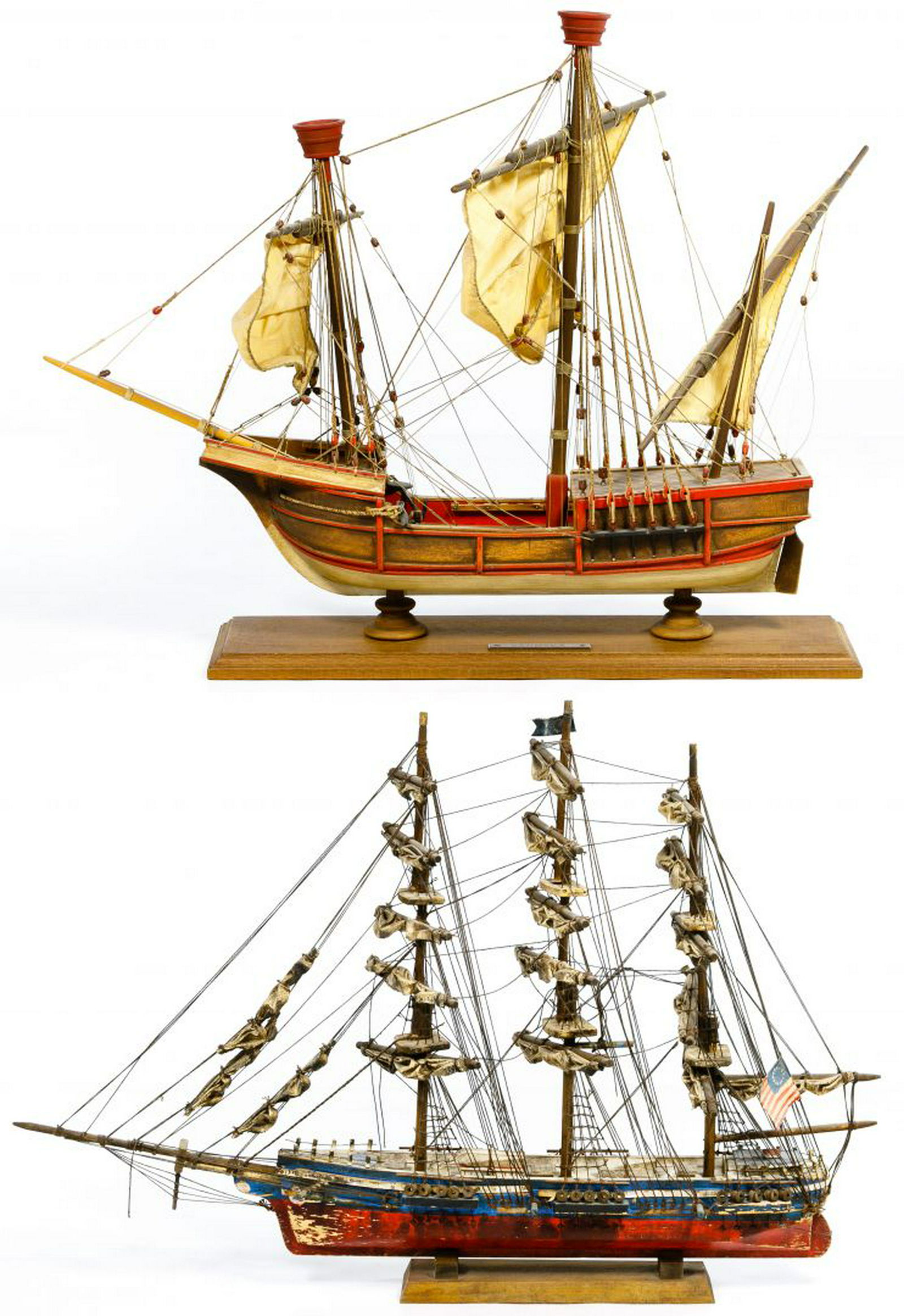 Wood Ship Models: Wood Ship Models Two painted triple-mast ships including a Spanish exploration ship having a brass plate on the base reading 'Carraco' and a colonial American ship Condition: Very Good, overall light