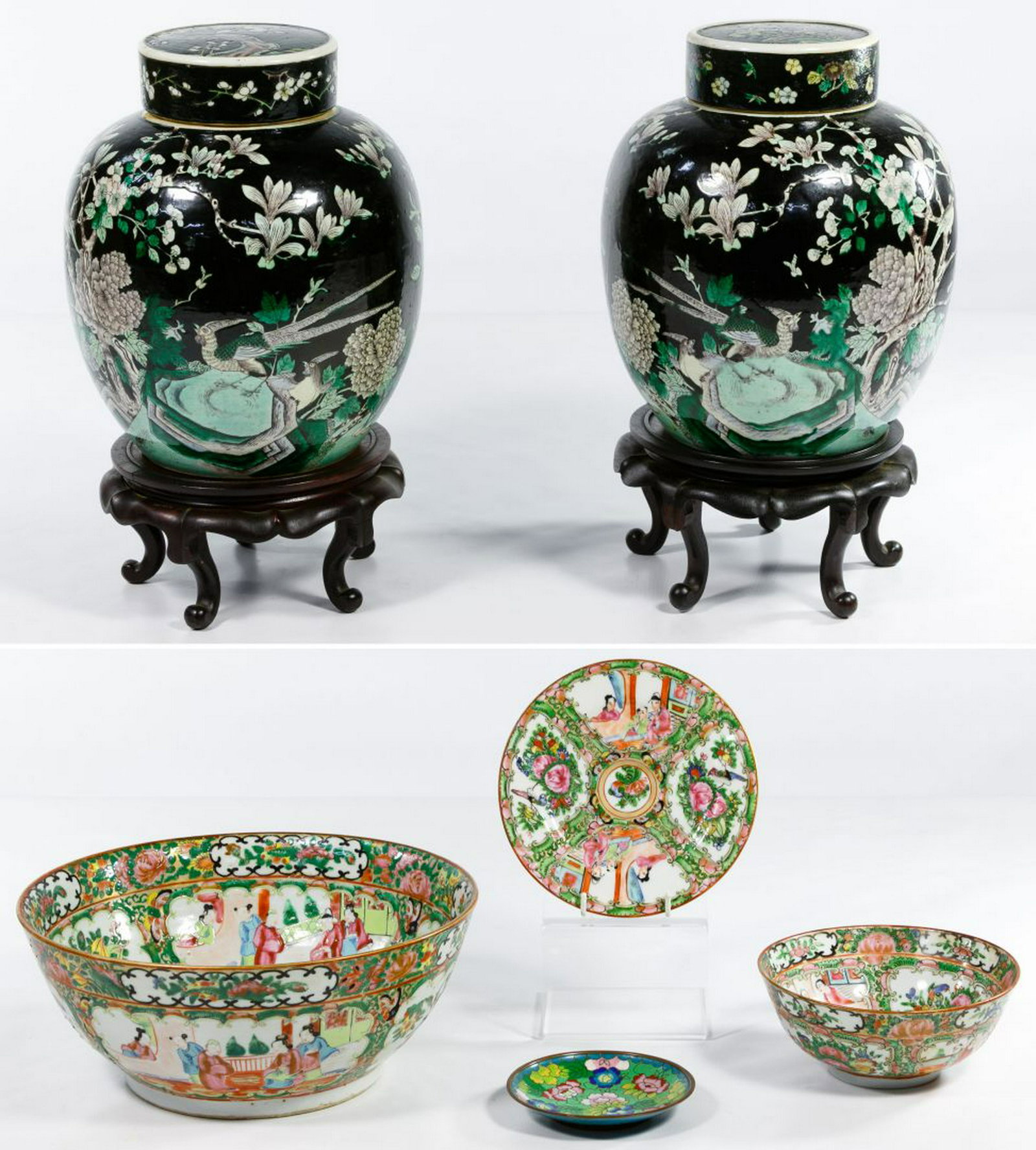 Asian Ceramic Assortment: Asian Ceramic Assortment Six items including two lidded ginger jars having famille noire decoration and wooden stands, a large unmarked bowl, a small bowl and a plate marked 'MADE IN CHINA' in the Ros