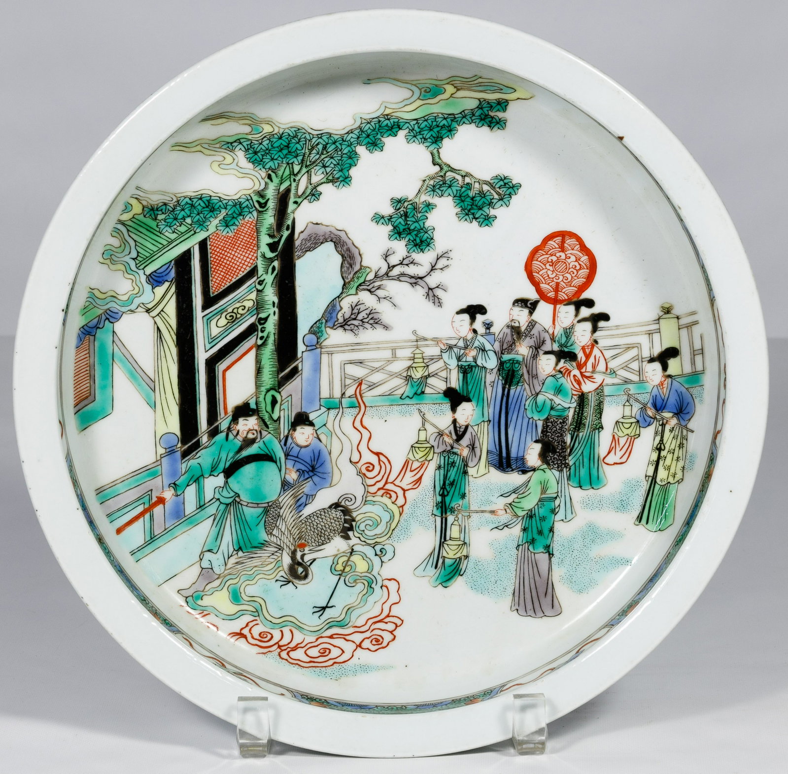 Chinese Famille Verte Porcelain Dish: Chinese Famille Verte Porcelain Dish Hand painted pottery dish, depicting the Emperor, his court and warriors in the garden, painted in greens, rust, yellow and blue, marked on underside Condition: Ve