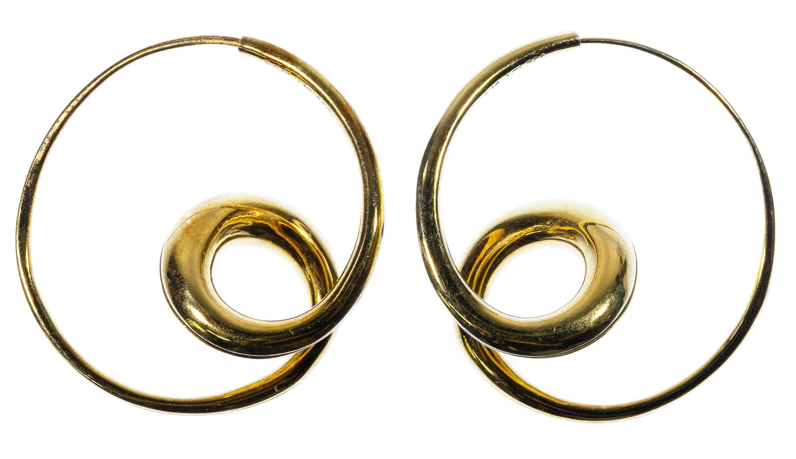 Michael Good 18k Gold Pierced Earrings: Michael Good 18k Gold Pierced Earrings Having a graduated double hoop design; marked 'M Good' and '750' near wire Condition: Very Good, overall light wear Length: 1.25 inches, Width: 1.50 inches Weigh