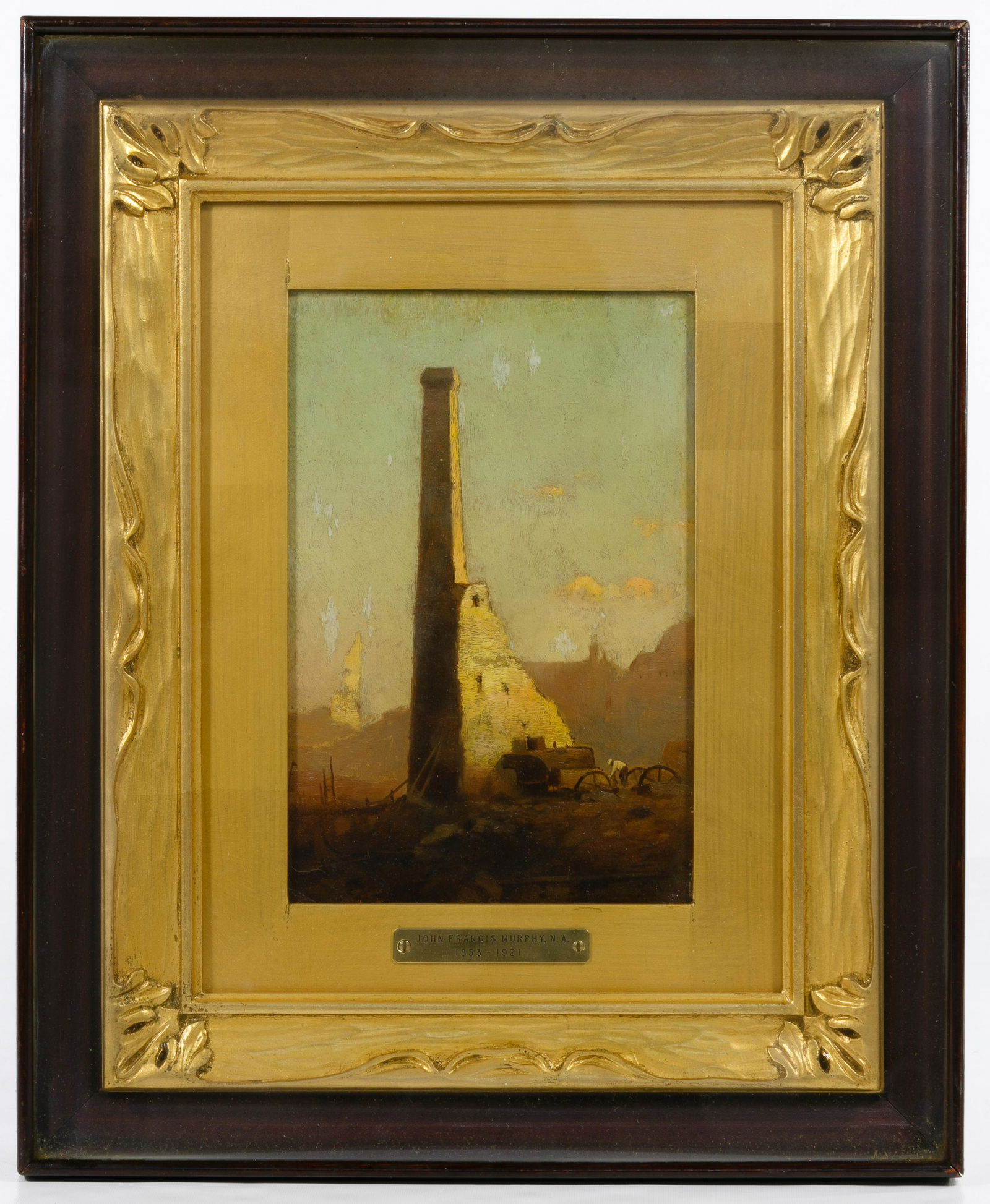 John Francis Murphy (American, 1853-1921): John Francis Murphy (American, 1853-1921) 'Old Ruins' Oil on Canvas Undated, initial signed lower right, gilt frame in a shadow box; painting is under glass Condition: Very Good, no damage to art note