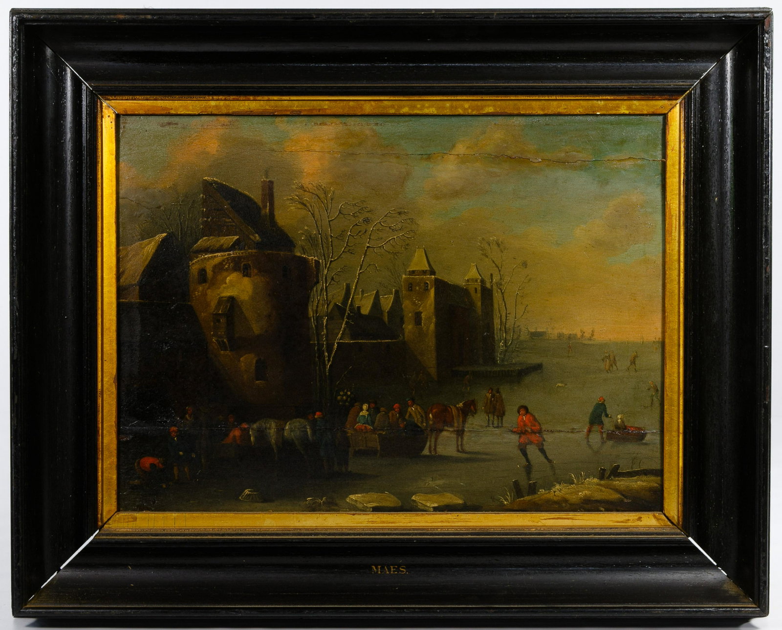 (School Of) Frederick Maes (European, 17th Century) Oil: (School Of) Frederick Maes (European, 17th Century) Oil on Board Undated, unsigned, wax seal en verso, depicting a village scene on a frozen river; attached Francois Draper label en verso Condition: G