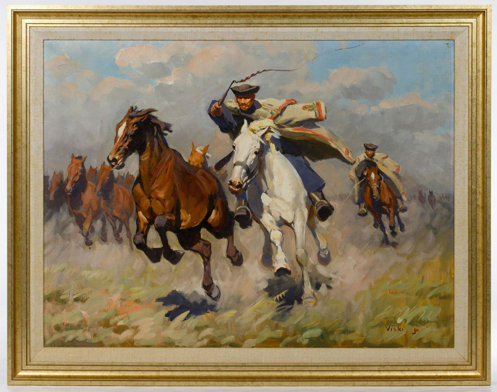 J Viski (Hungarian, 1891-1961) Oil on Canvas: J Viski (Hungarian, 1891-1961) Oil on Canvas Undated, signed lower right; depicting horsemen in native dress rounding up horses, in gold wood frame Condition: Good, overall light wear, paint chip uppe