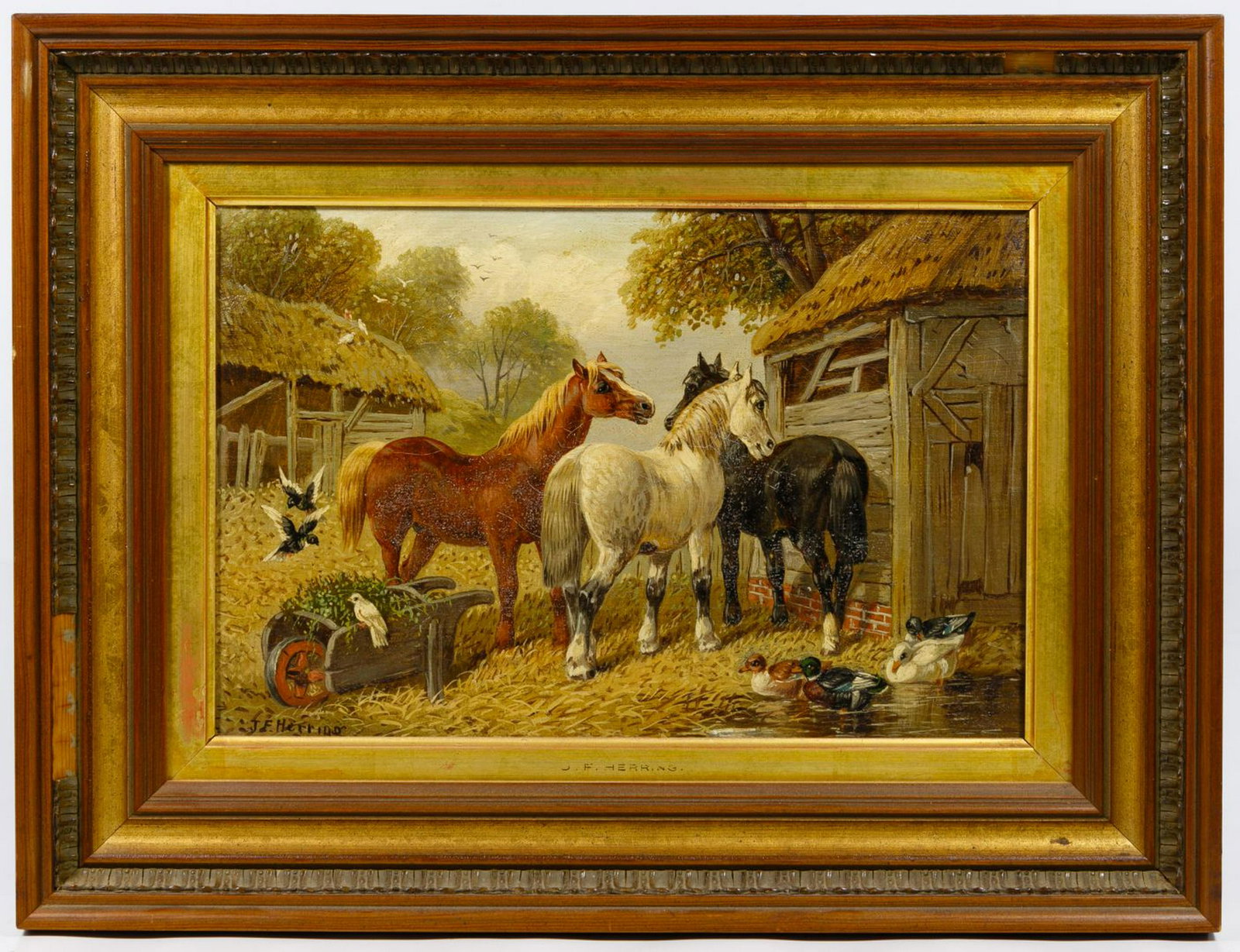John Frederick Herring Jr. (British, 1815-1907) Oil on: John Frederick Herring Jr. (British, 1815-1907) Oil on Canvas Undated; signed lower left, depicting horses and stable Condition: Good, craquelure overall; chipping on frame; not examined out of the fr