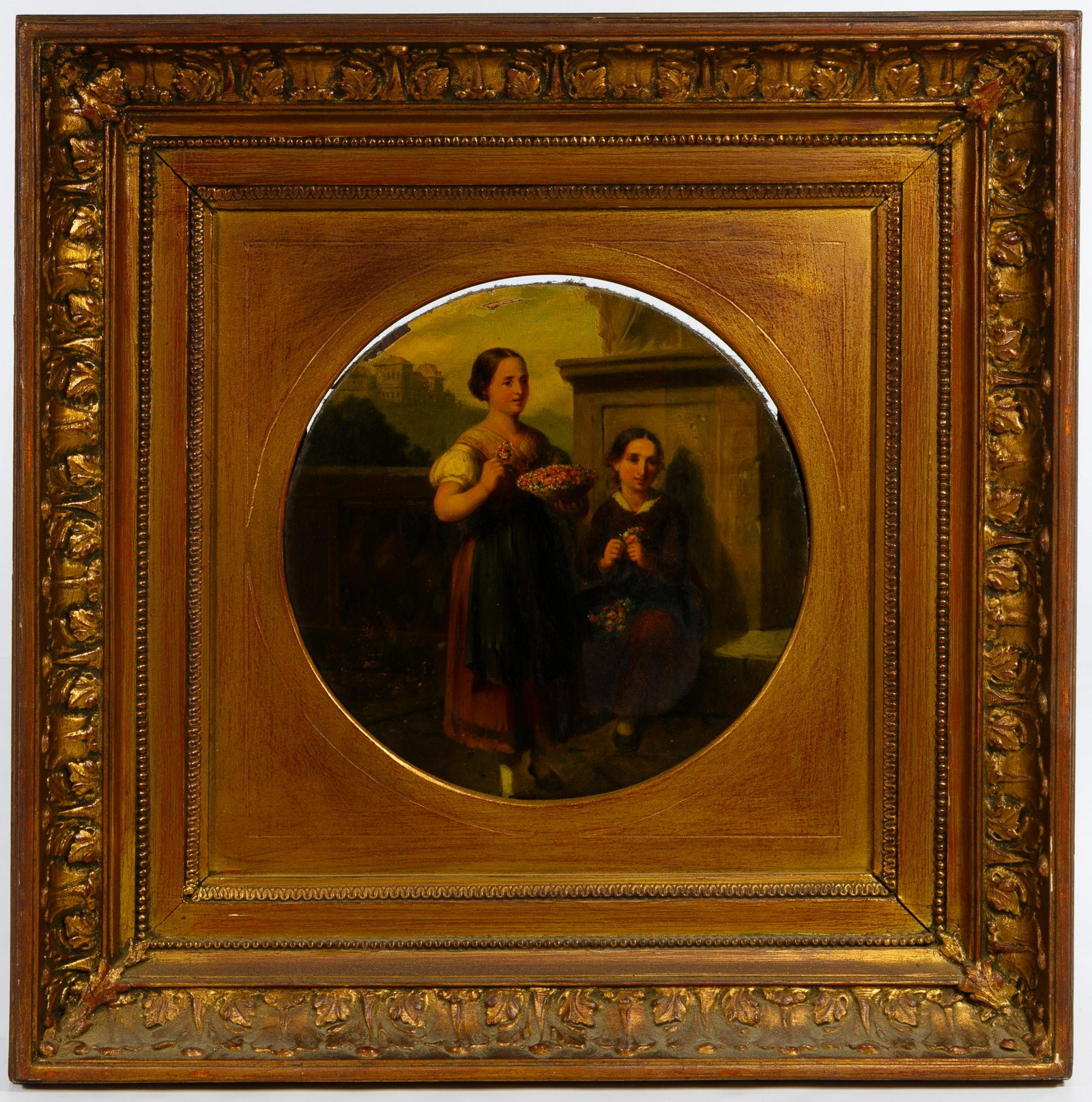 Unknown Artist (Continental School, 19th / 20th: Unknown Artist (Continental School, 19th / 20th Century) Oil on Board Undated, unsigned, two women with baskets of flowers Condition: Good, light paint loss and damage at top of painting; yellowing ov