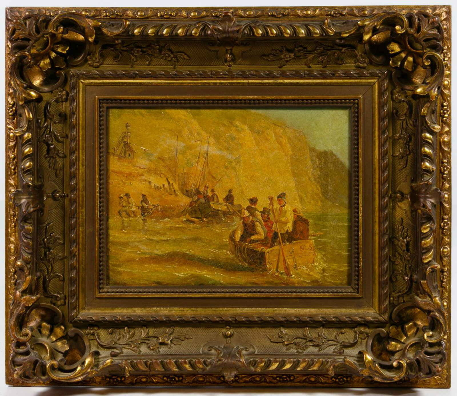 Unknown Artist (Continental School, 19th Century) Oil: Unknown Artist (Continental School, 19th Century) Oil on canvas Undated, unsigned, depicting fisherman in boats Condition: Good, no damage to art noted, crack in frame, not examined out of the frame H