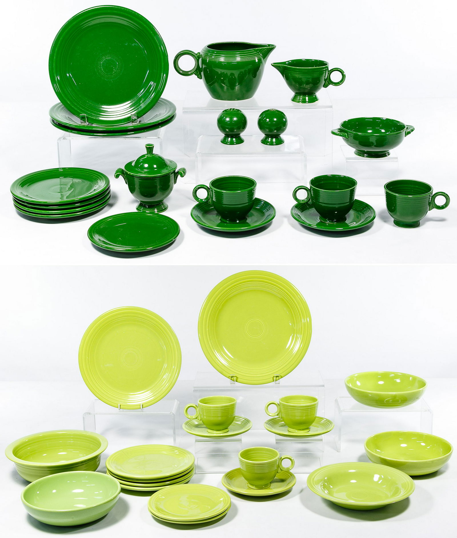 Homer Laughlin Fiestaware "Forest Green" and "Chartreus: Homer Laughlin Fiestaware 'Forest Green' and 'Chartreuse' Assortment c.1955; (17) forest green pieces including 4-inch teapot without lid, 3.5-inch creamer, 3.5-inch sugar bowl with lid, 3.75-inch sal