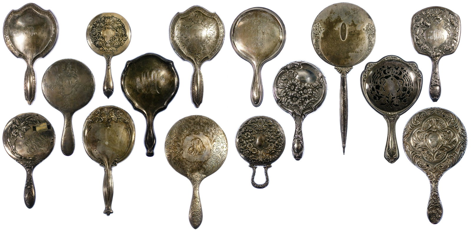 Sterling Silver Vanity Mirror Assortment: Sterling Silver Vanity Mirror Assortment Fifteen vanity mirrors marked 'sterling' Condition: Very Good to Good, overall light to moderate wear consistent with age and normal use; no chips or cracks to