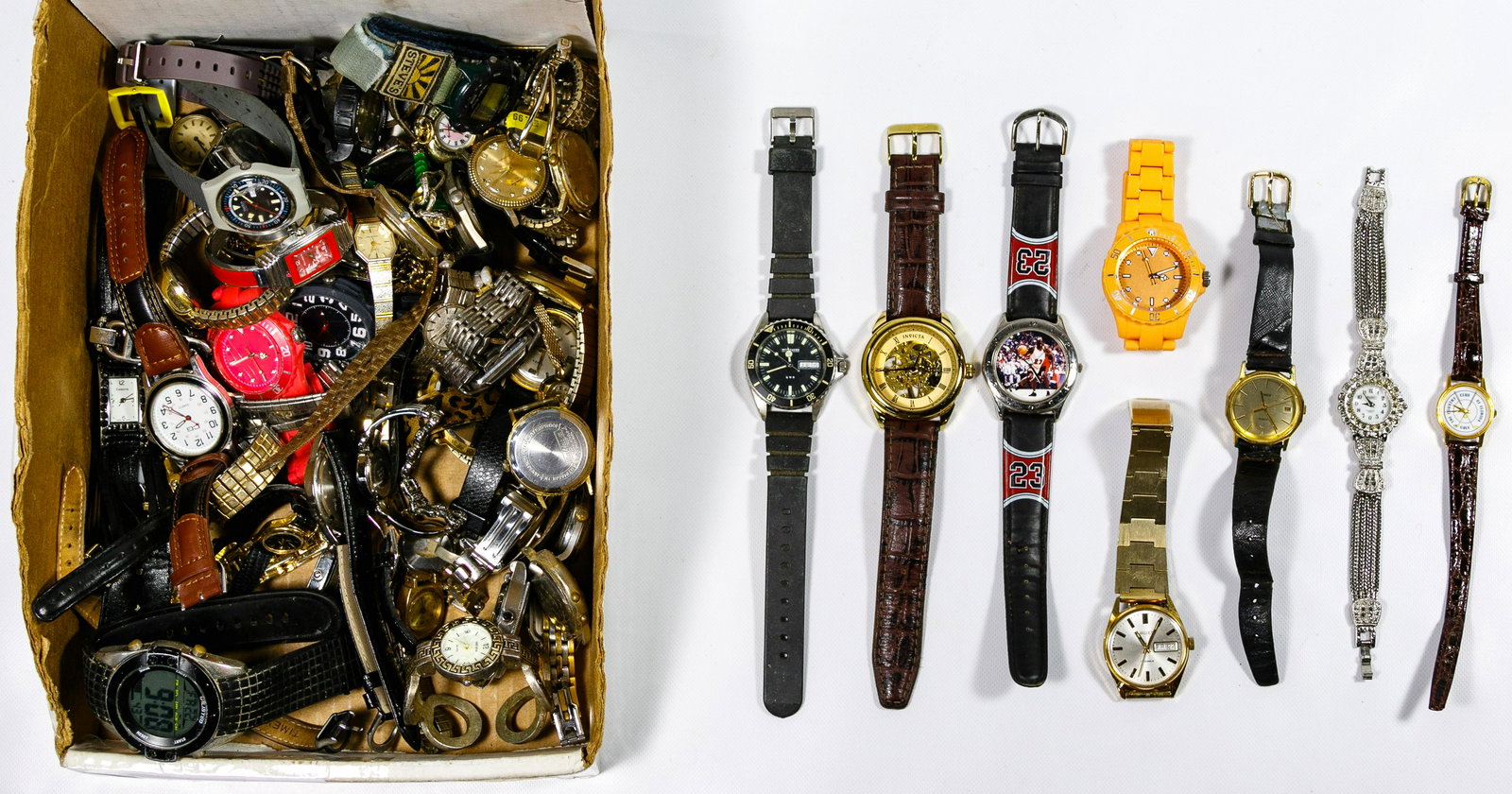 Wrist Watch Assortment: Wrist Watch Assortment Approximately five pounds of men's and women's watches; makers including Waltham, Elgin, Timex and Geneva Condition: Very Good to Fair, overall light to heavy wear, some parts m
