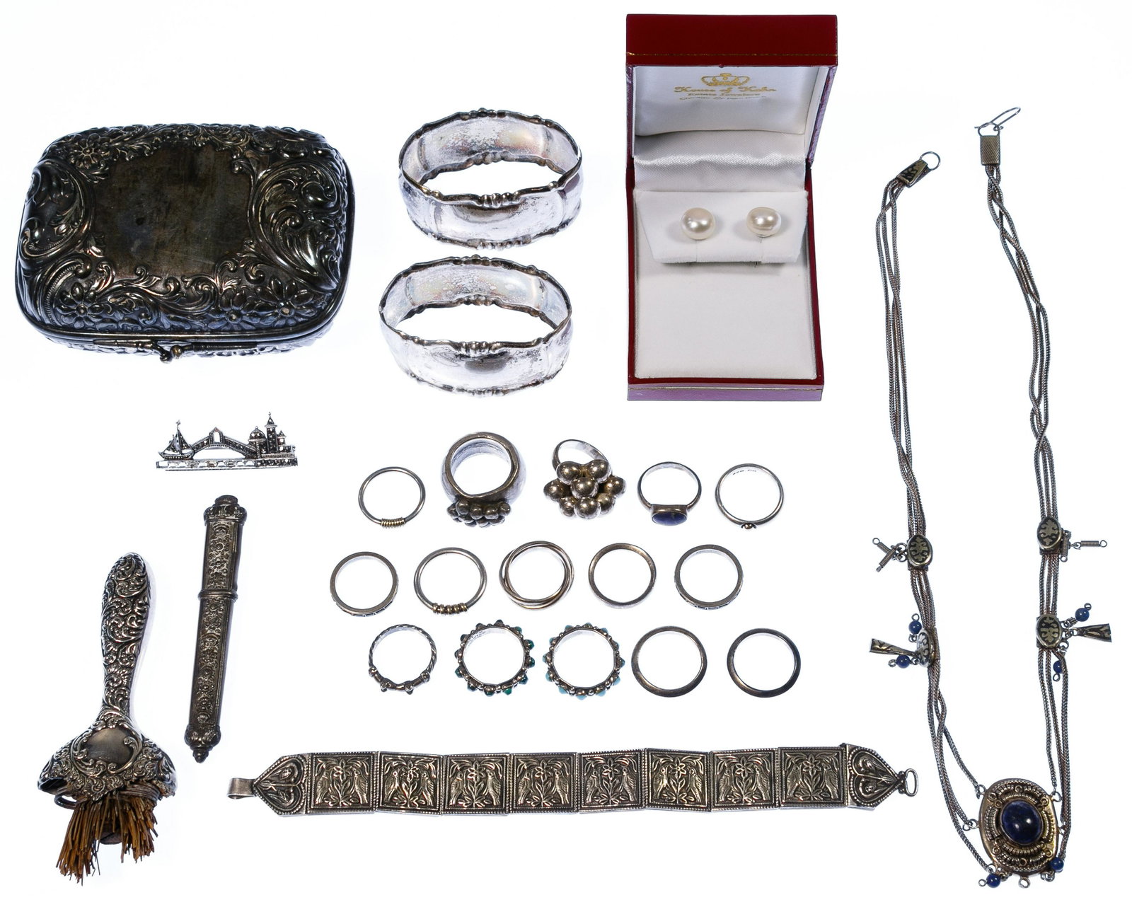 Sterling Silver and European Silver (800) Jewelry: Sterling Silver and European Silver (800) Jewelry Assortment Including bracelets, earrings, pins, compact, pendants, napkin rings and rings; most marked 'sterling', '925' or '800' Condition: Very Good