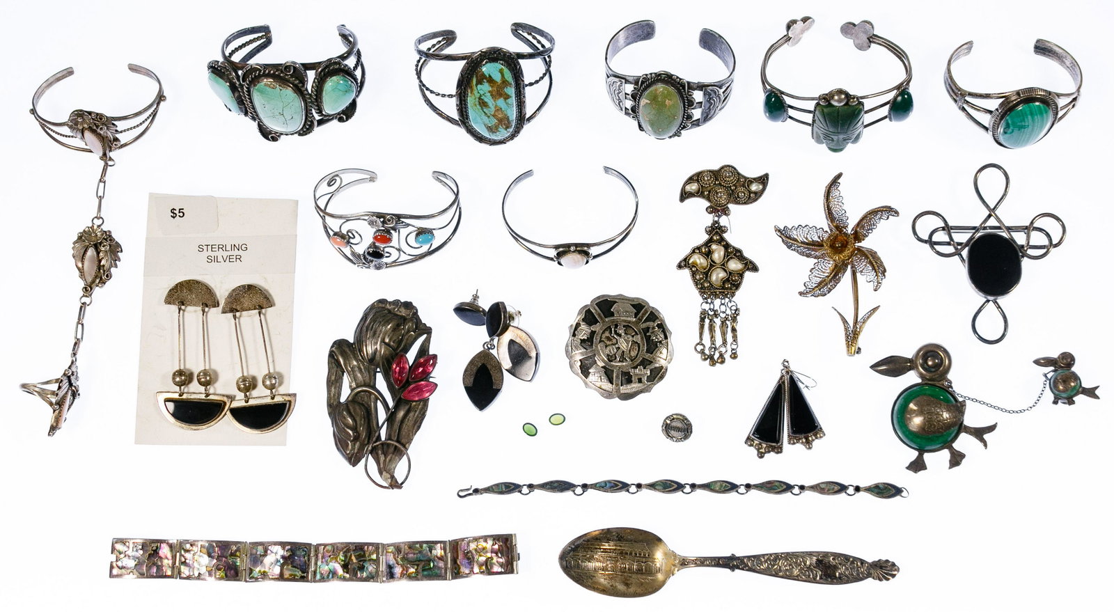 Sterling Silver and European Silver (800) Jewelry: Sterling Silver and European Silver (800) Jewelry Assortment Including bracelets, pins, earrings, pendants and rings; some Navajo Jewelry marked 'CYS', 'DK', 'MP' and 'Y'; most marked 'sterling', '925