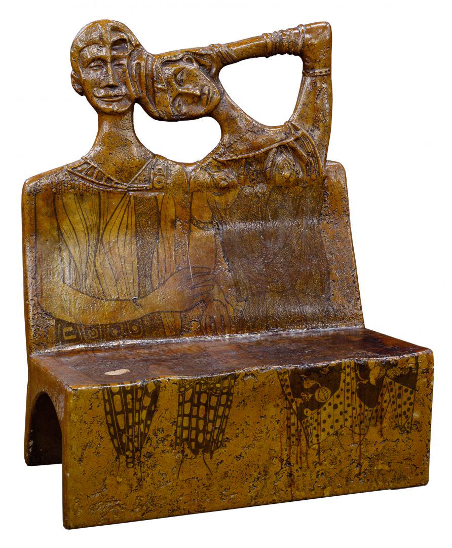 Figural-form Carved Wood Bench: Figural-form Carved Wood Bench Hand carved figures of a man and woman forming the back of the bench, roughly carved with dark stain and varnish finish, heavy textured surface Condition: Good, overall 