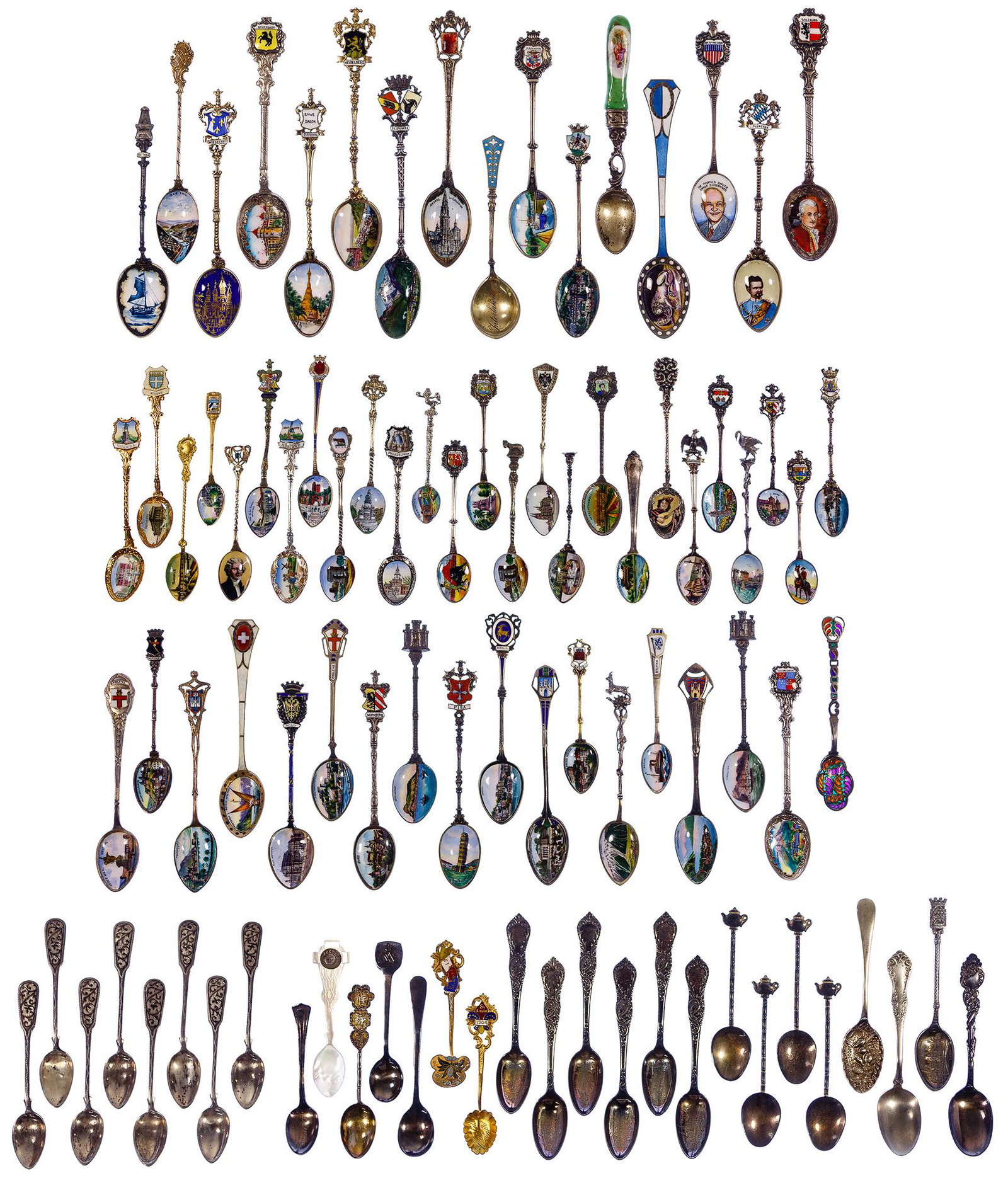 European Silver (800) Souvenir Spoon Assortment: European Silver (800) Souvenir Spoon Assortment Including a Russian silver (84 / 875) having plique-a-jour insets and thirty-three European silver (800); marked '84' or '800'; together with fifty-five