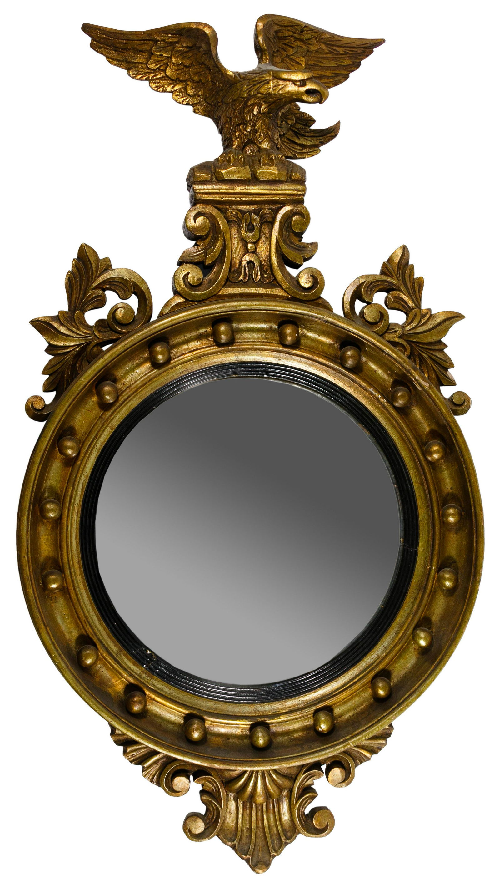 Federal Style Bullseye Convex Wall Mirror: Federal Style Bullseye Convex Wall Mirror Convex mirror in a round wood frame having eagle and laurel leaf applied decoration, painted gold Condition: Good, overall light wear and dirt accumulation co