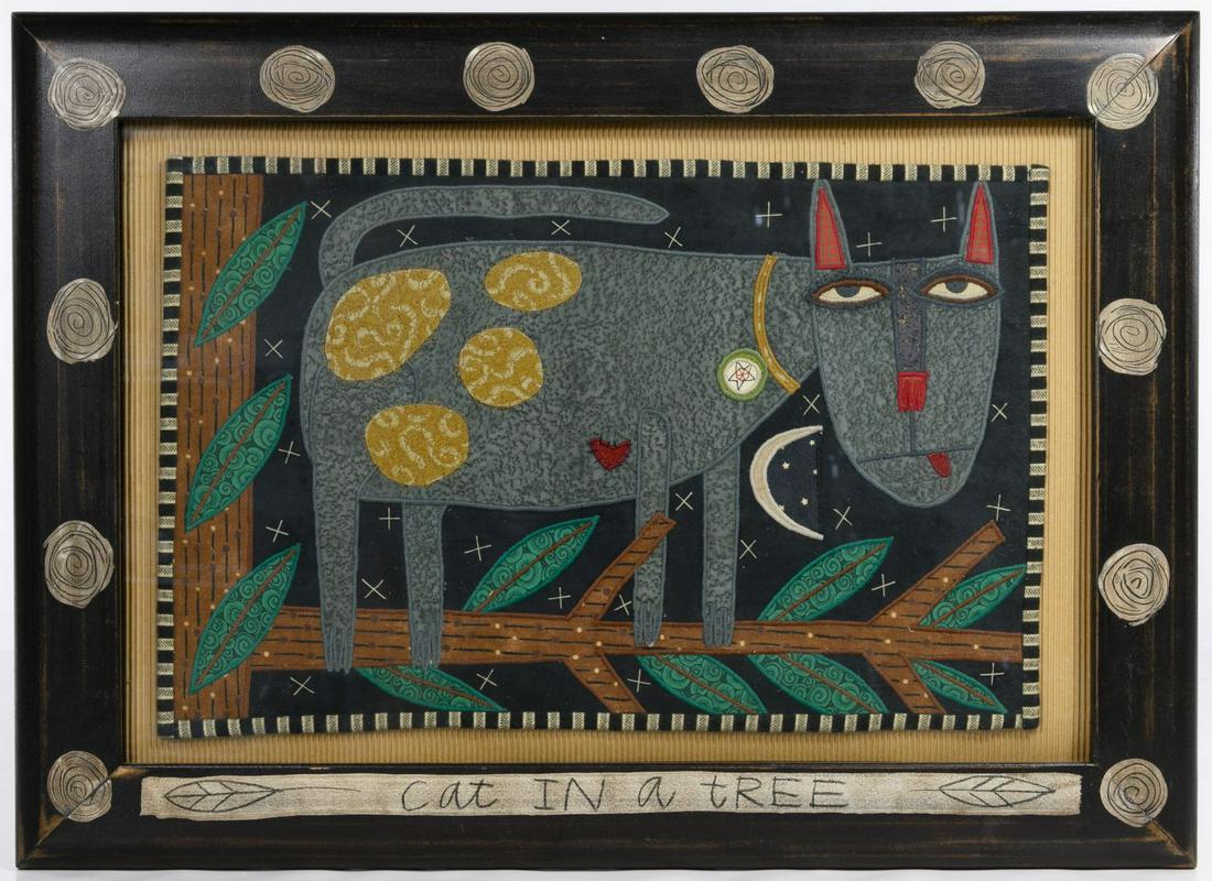 Chris Roberts Antieau (American, b.1951) 'Cat in a: Chris Roberts Antieau (American, b.1951) 'Cat in a Tree' Appliqued Cloth Undated, signed en verso, depicting a grey cat on a tree branch Condition: Very Good, no damage to art noted; light wear on fra