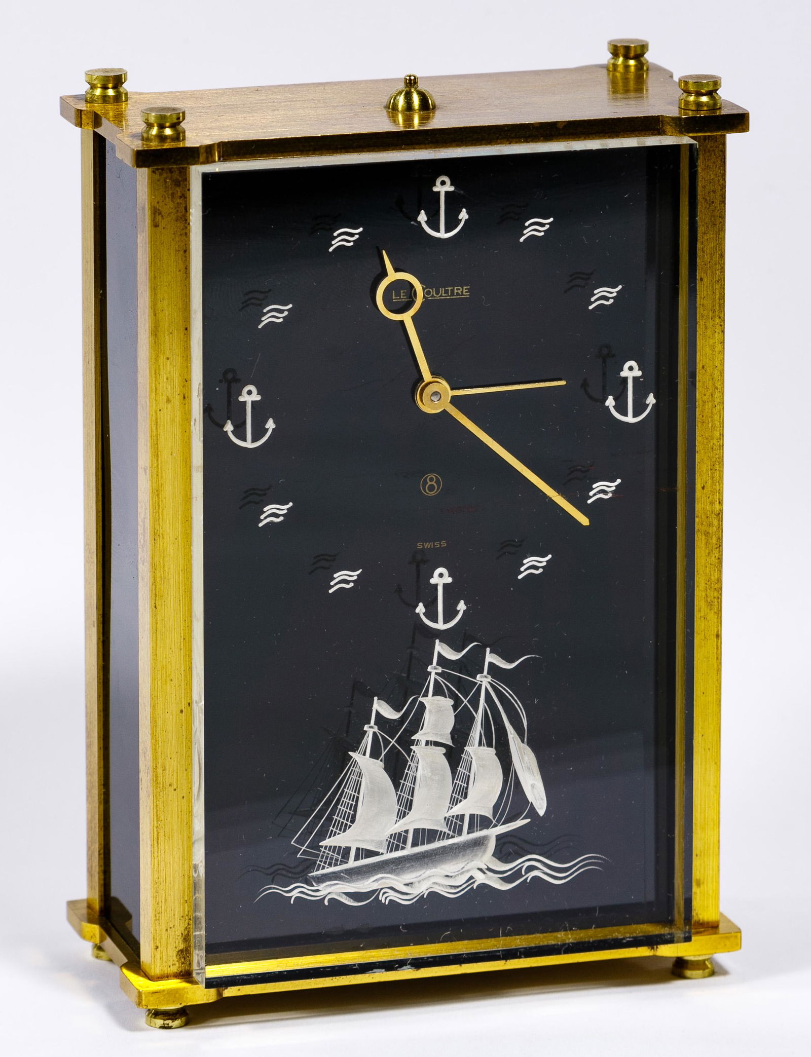 Le Coultre: Le Coultre 'Ship' Musical Clock Swiss Art Deco 8-Day musical brass carriage clock with ship etched on Lucite face, clock face having wave and anchor motif for numbers, marked 'Le Coultre Swiss 2163' o
