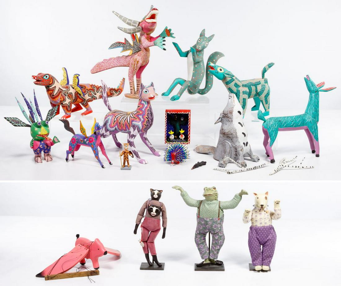 Mexican Carved and Molded Figurine Assortment: Mexican Carved and Molded Figurine Assortment Sixteen items including a carved and painted wood squirrel, howling wolf, two deer, a big cat, a porcupine, a dragon and other fantasy creatures; two Day 