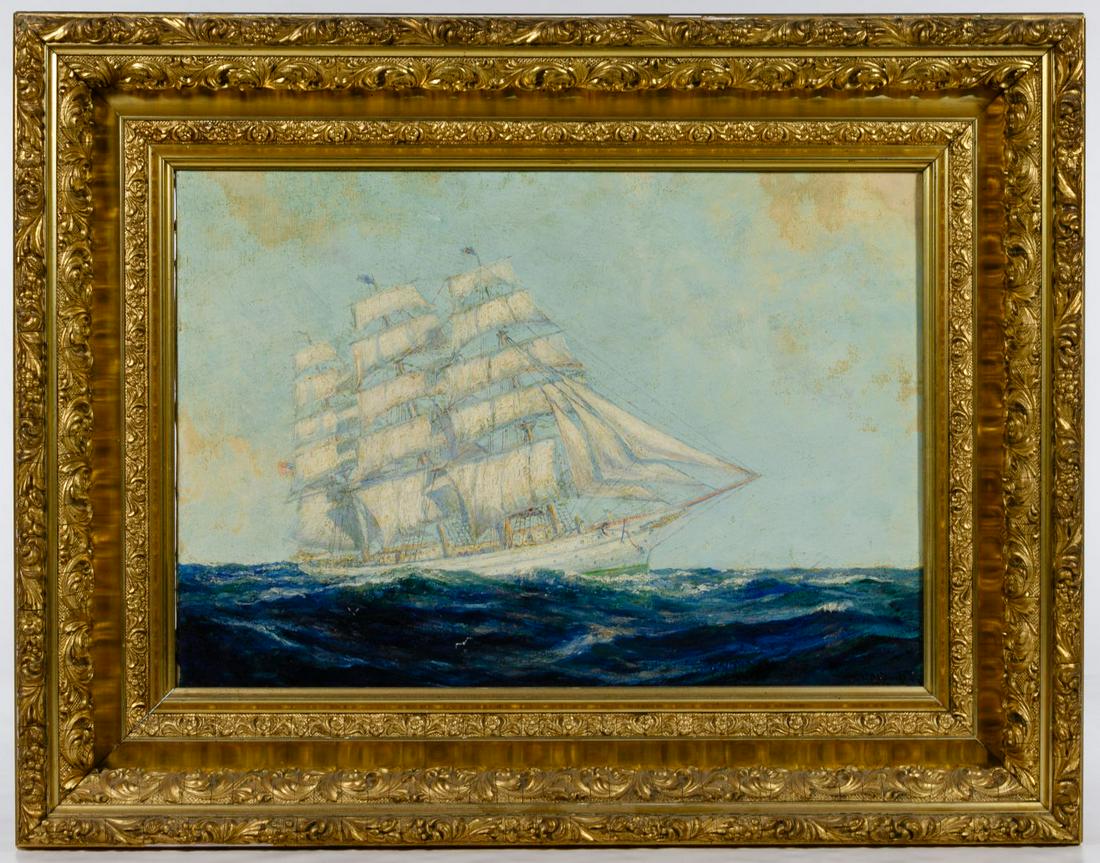 Frederick Leo Hunter (American, 1858â€“1943) Oil on: Frederick Leo Hunter (American, 1858â€“1943) Oil on Canvas 1930, signed lower right, depicting a ship at sea Condition: Very Good, light dirt accumulation; not examined out of frame Height: 14.50