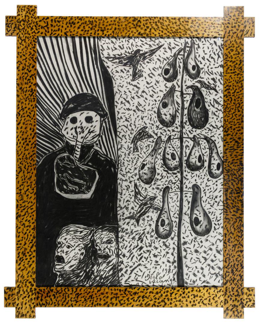 Italo Scanga (American / Italian, 1932-2001) Charcoal: Italo Scanga (American / Italian, 1932-2001) Charcoal on Paper 1981, signed lower center, depicting image of man in a gas mask in a maple wood frame with black decoration Condition: Very Good, light d