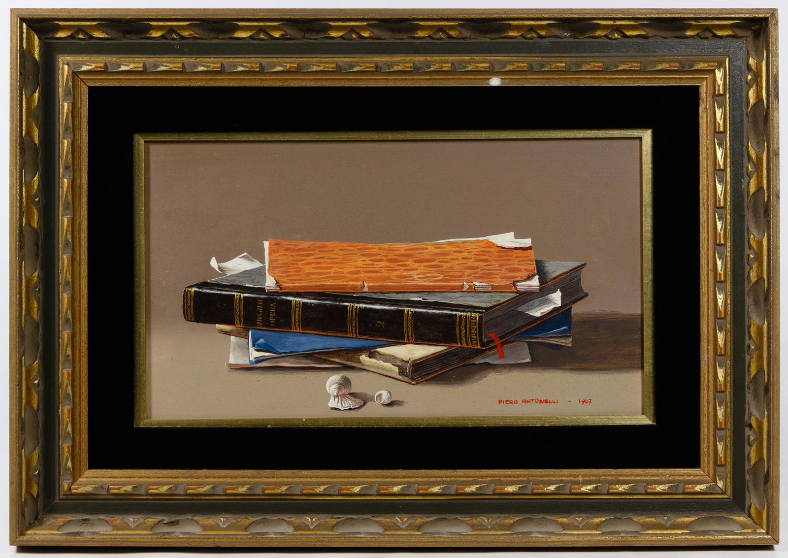 Piero Antonelli (Italian, 1916-1990) Oil on Board: Piero Antonelli (Italian, 1916-1990) Oil on Board 1967, signed bottom right, depicting a stack of books and journals in painted wood frame Condition: Very Good, light dirt accumulation; a quarter-inch