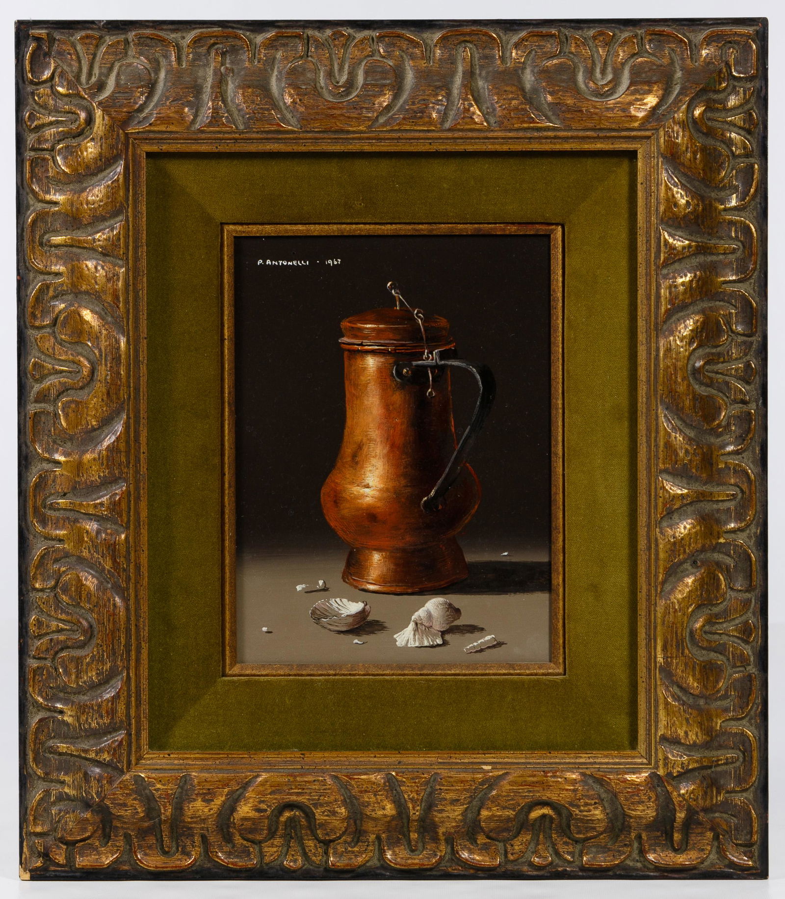 Piero Antonelli (Italian, 1916-1990) Oil on Canvas: Piero Antonelli (Italian, 1916-1990) Oil on Canvas 1967, signed upper left, still life depicting a lidded copper stein and shells, coppery and green velvet frame Condition: Very Good, no damage to art