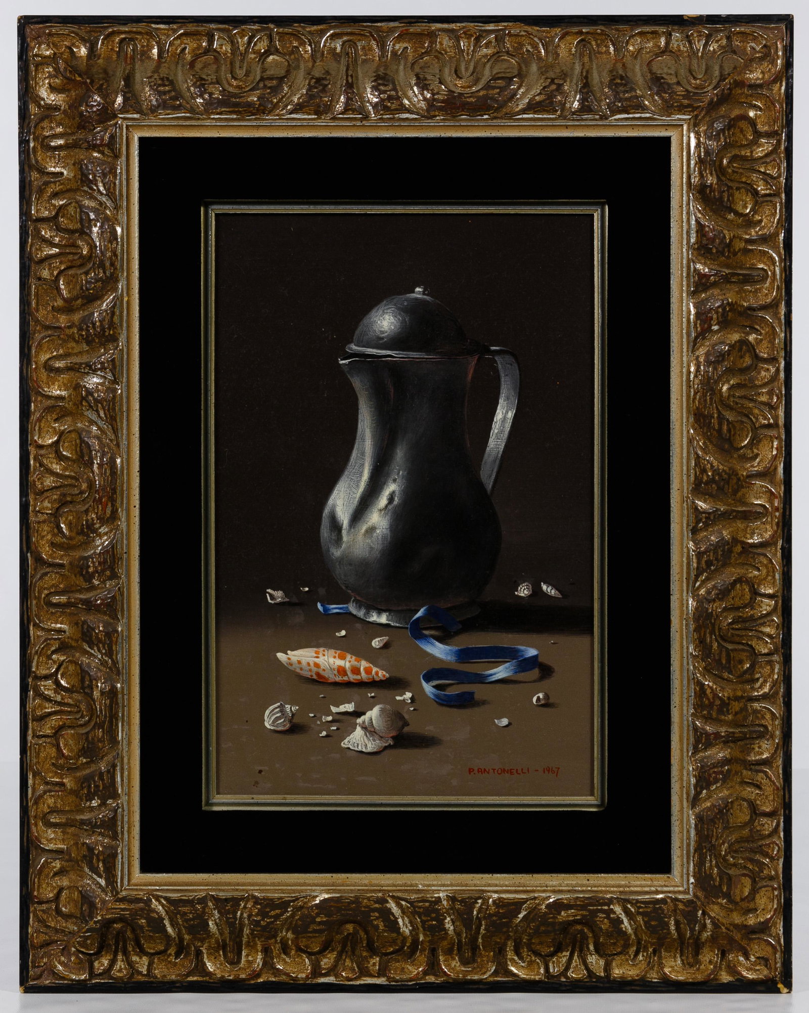 Piero Antonelli (Italian, 1916-1990) Oil on Canvas: Piero Antonelli (Italian, 1916-1990) Oil on Canvas 1967, signed bottom right, depicting a still life of a pewter pitcher, ribbon and shells, black velvet inner frame and coppery outer frame Condition: