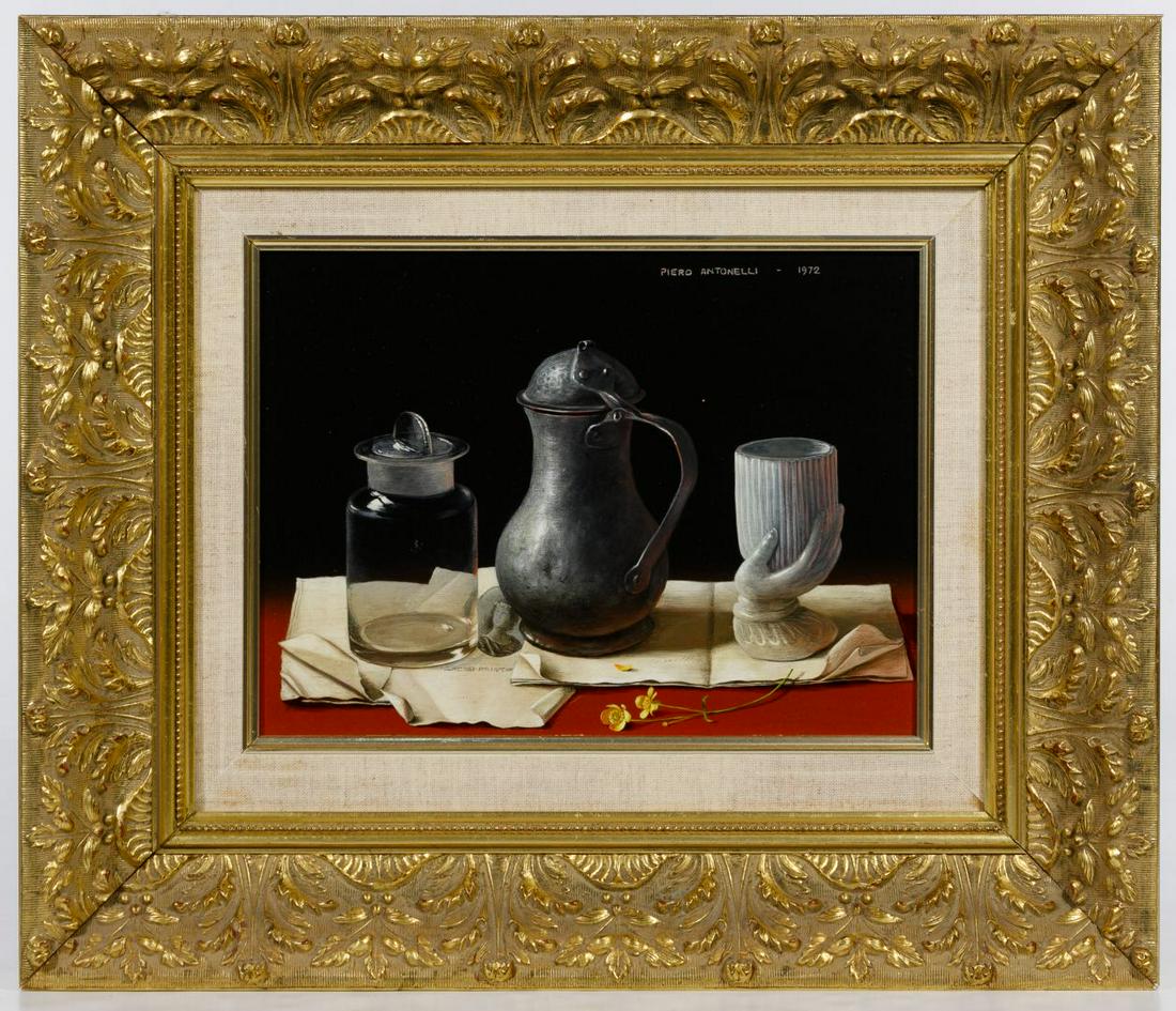 Piero Antonelli (Italian, 1916-1990) Oil on Canvas: Piero Antonelli (Italian, 1916-1990) Oil on Canvas 1972, signed upper right, depicting a still life of a jar, pewter pitcher and hand holding a cup on a table, fabric and gold frame Condition: Very Go