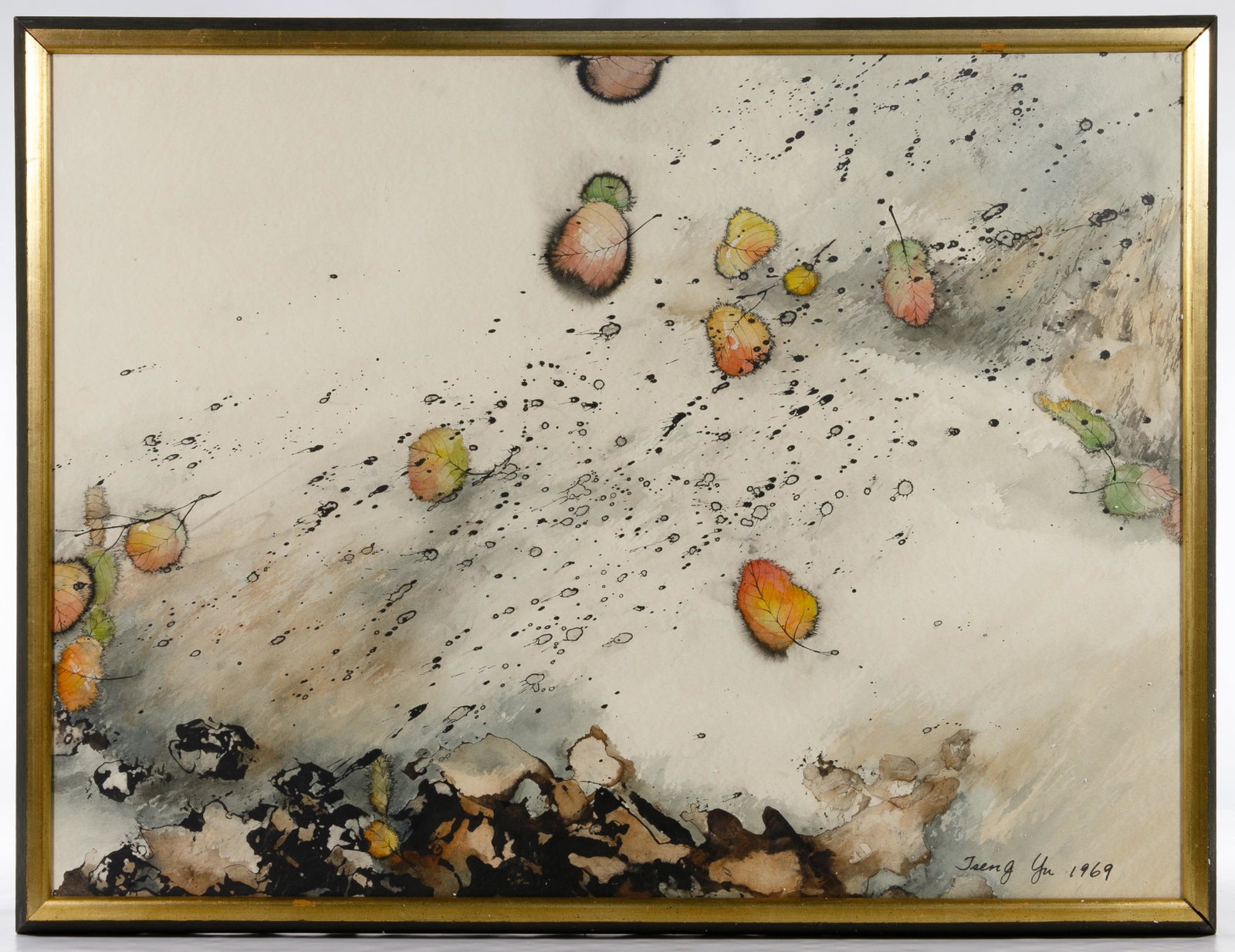 Marlene Tseng Yu (Chinese, b.1937) Ink and Watercolor: Marlene Tseng Yu (Chinese, b.1937) Ink and Watercolor on Paper 1969, signed lower right, abstract of blowing leaves, gold and black wood frame Condition: Very Good, light dirt accumulation, frame sepa