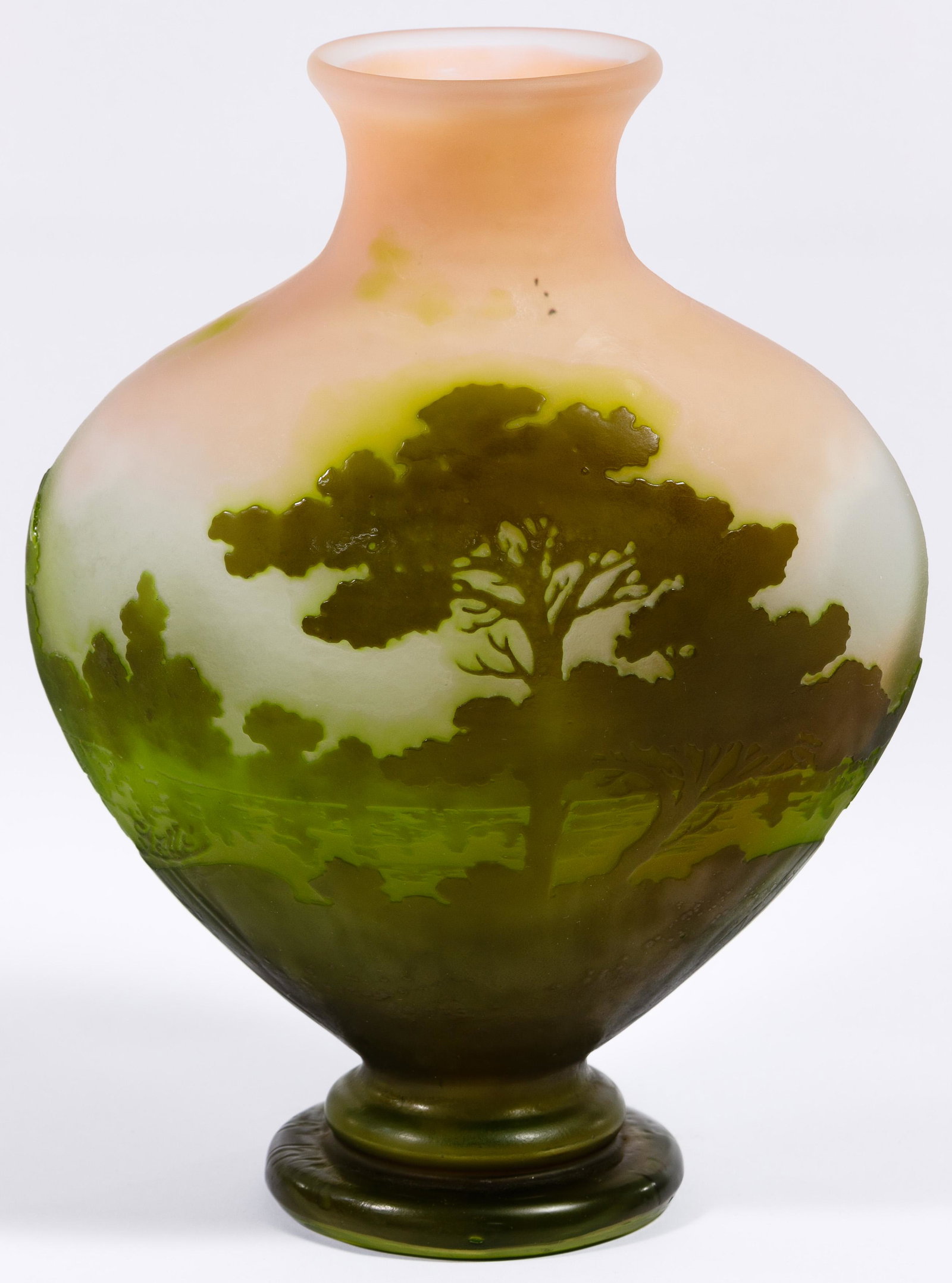 Emile Galle (French, 1846-1904) Cameo Glass Vase: Emile Galle (French, 1846-1904) Cameo Glass Vase Having a scene including mountains, lake and trees, dark green bottom fading up to lighter shades of green and peach, signature embossed in lake on fro