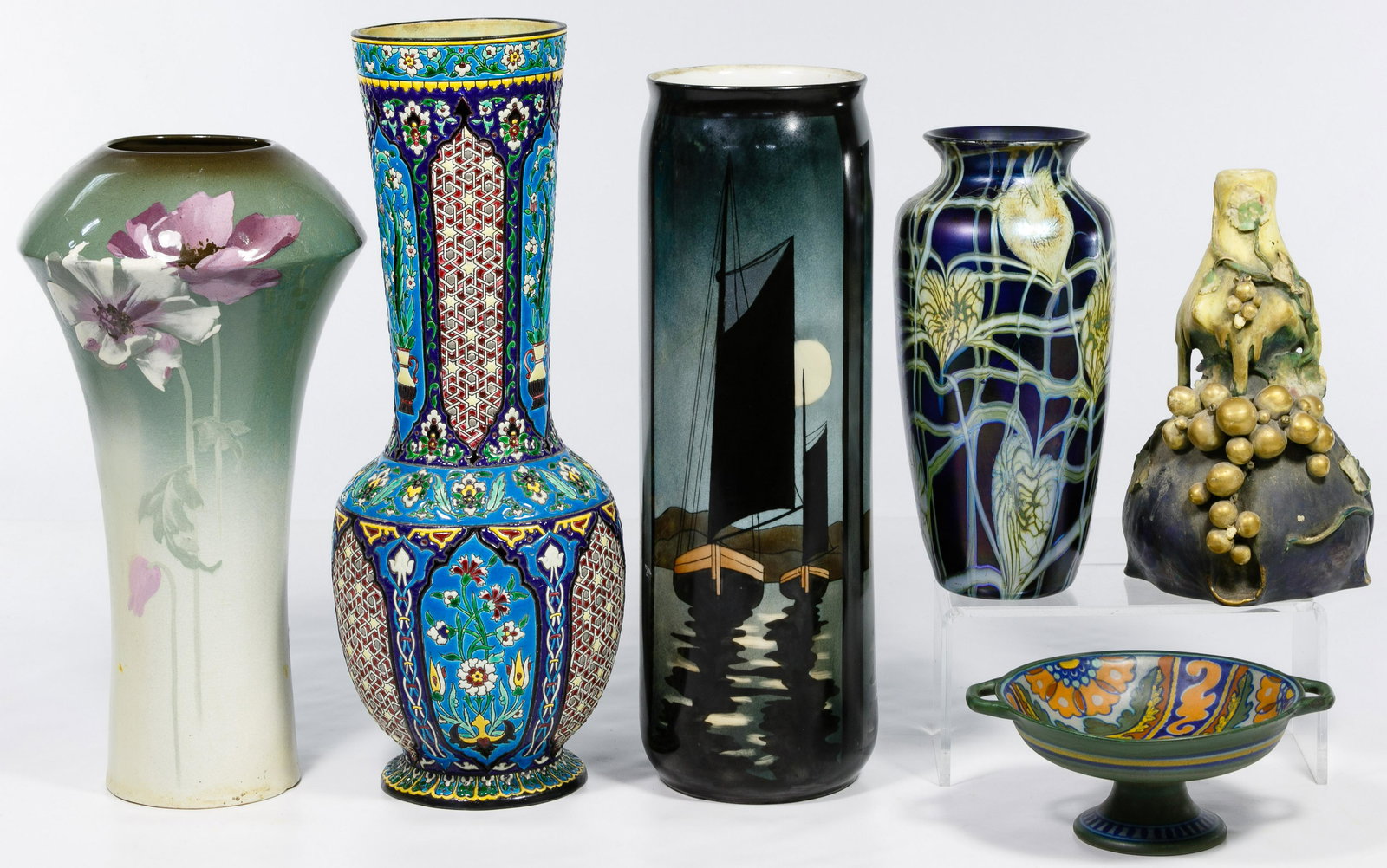 Pottery and Art Glass Vase and Bowl Assortment: Pottery and Art Glass Vase and Bowl Assortment Six items including J. Vieillard Bordeaux French enamel vase, Gouda Holland compote, EDDA Amphora grape vase having factory seal, signed and numbered, un