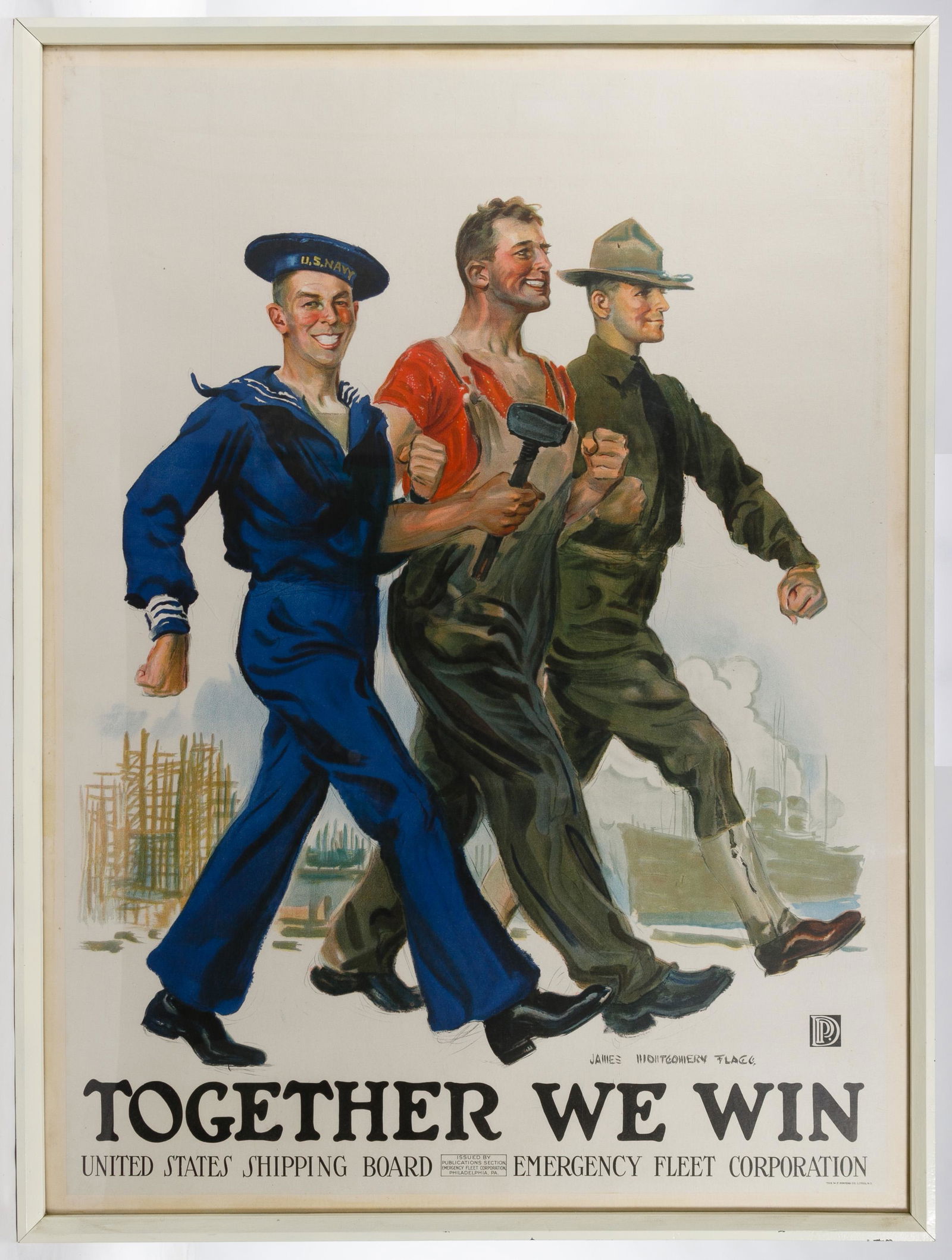James Montgomery Flagg (American, 1870-1960) 'Together: James Montgomery Flagg (American, 1870-1960) 'Together We Win' Poster Two military men and an iron worker walking arm in arm; white wood frame; marked as 'Issued by publications section of Emergency F