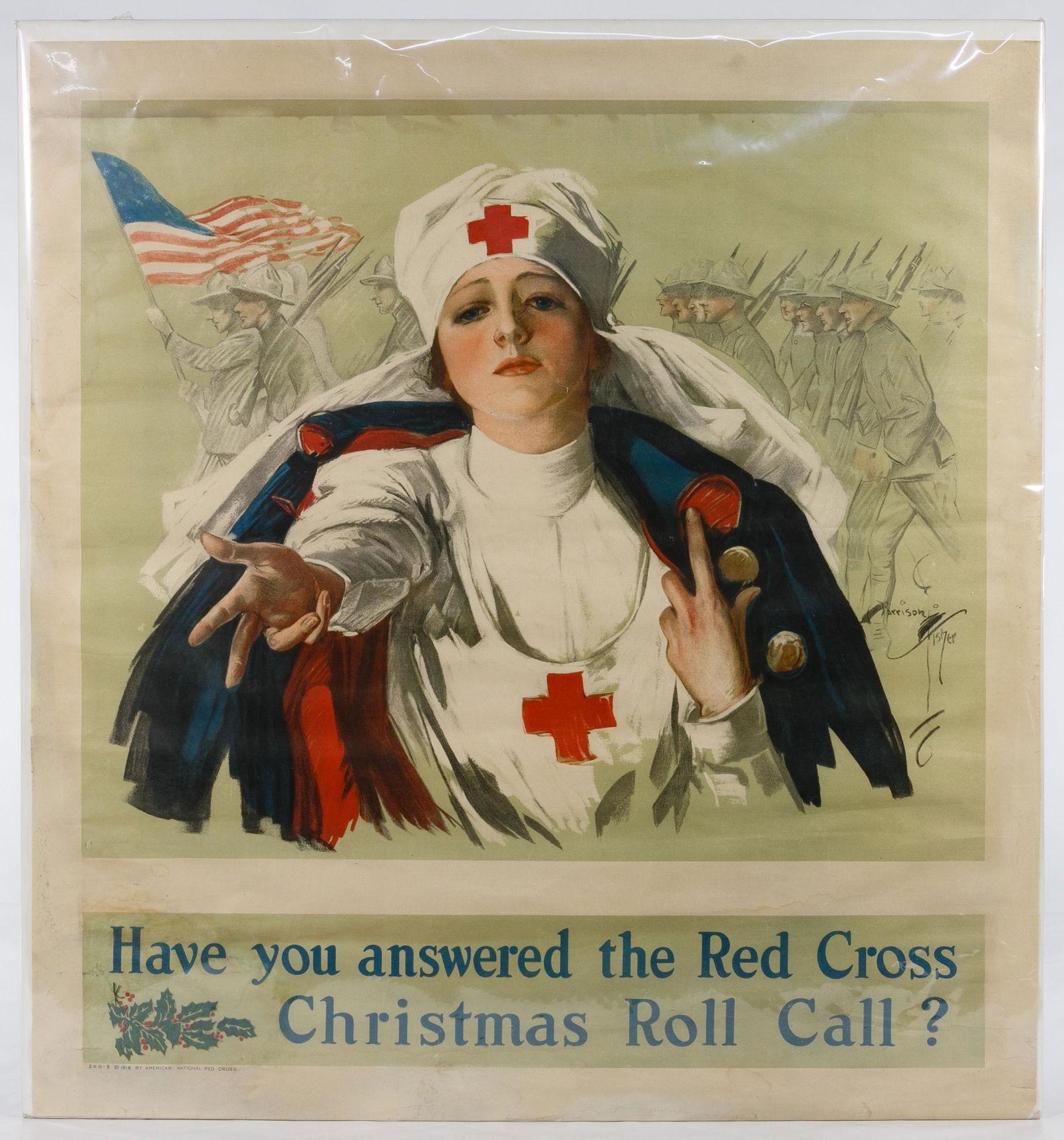 World War I Red Cross 'Christmas Roll Call' Poster: World War I Red Cross 'Christmas Roll Call' Poster Dated 1918, Harrison Fisher designed chromolithograph for American National Red Cross Condition: Good, paper having some tears, rough edges and moist