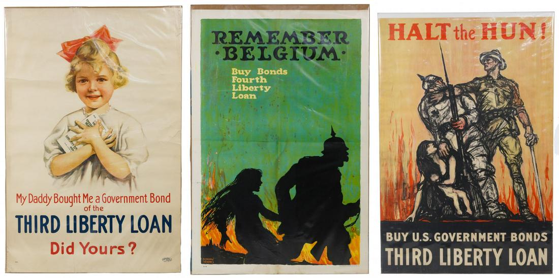World War II US War Bond Posters: World War II US War Bond Posters Three examples including 'Halt the Hun!' by Raleigh, printed by Edwards & Deutsch, Chicago, 'Remember Belgium' by Ellsworth Young and 'My Daddy Bought Me a Government 