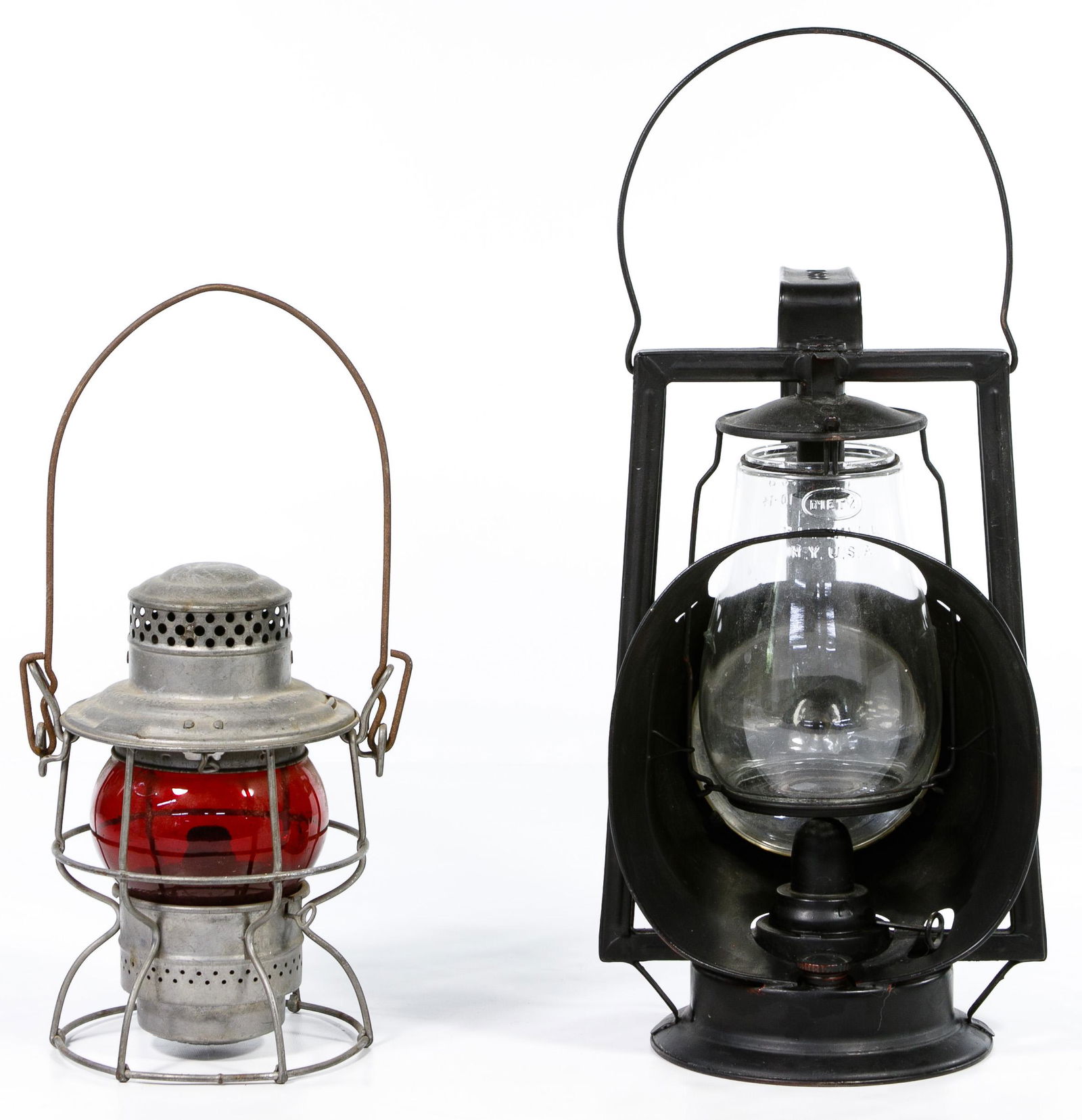 Railroad Lantern, Lock and Watch Assortment: Railroad Lantern, Lock and Watch Assortment Dietz Acme Inspector New York kerosene metal lamp including original Fitzall globe, painted black; Adlake-Kero #434 Canada 1921-1922 kerosene lamp including
