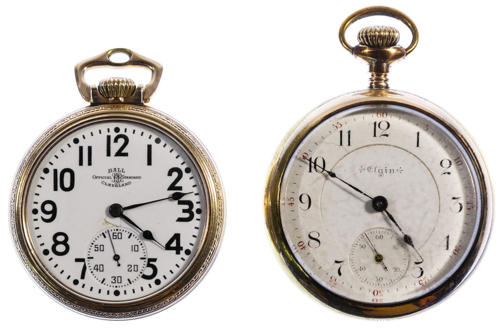 Elgin and Ball Open Face Pocket Watches: Elgin and Ball Open Face Pocket Watches Elgin 'B W Raymond' 17-jewel serial #5936981 dating to 1895, grade 77, model 5, class 7 and Ball Railroad 21-jewel serial #B651743 Condition: Very Good to Good,