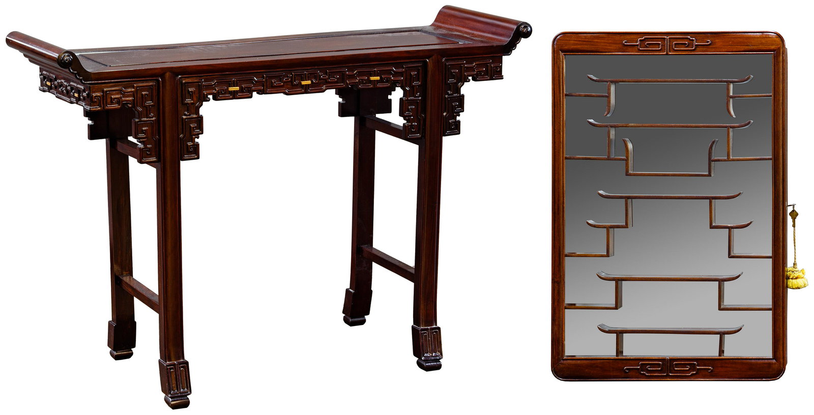 Asian Style Console Table and Mirrored Display Cabinet: Asian Style Console Table and Mirrored Display Cabinet Rosewood altar table and wall mount display cabinet; having a glass door and mirrored back; interior having stepped shelves Condition: Very Good 